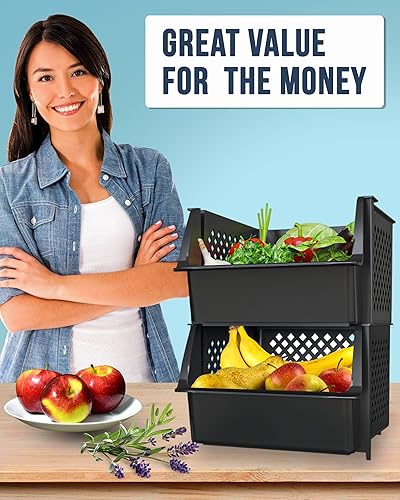 Miniatura 5 de Skywin Contenedores de almacenamiento apilables de plástico para despensa, paquete de 5 contenedores apilables negros para organizar alimentos,