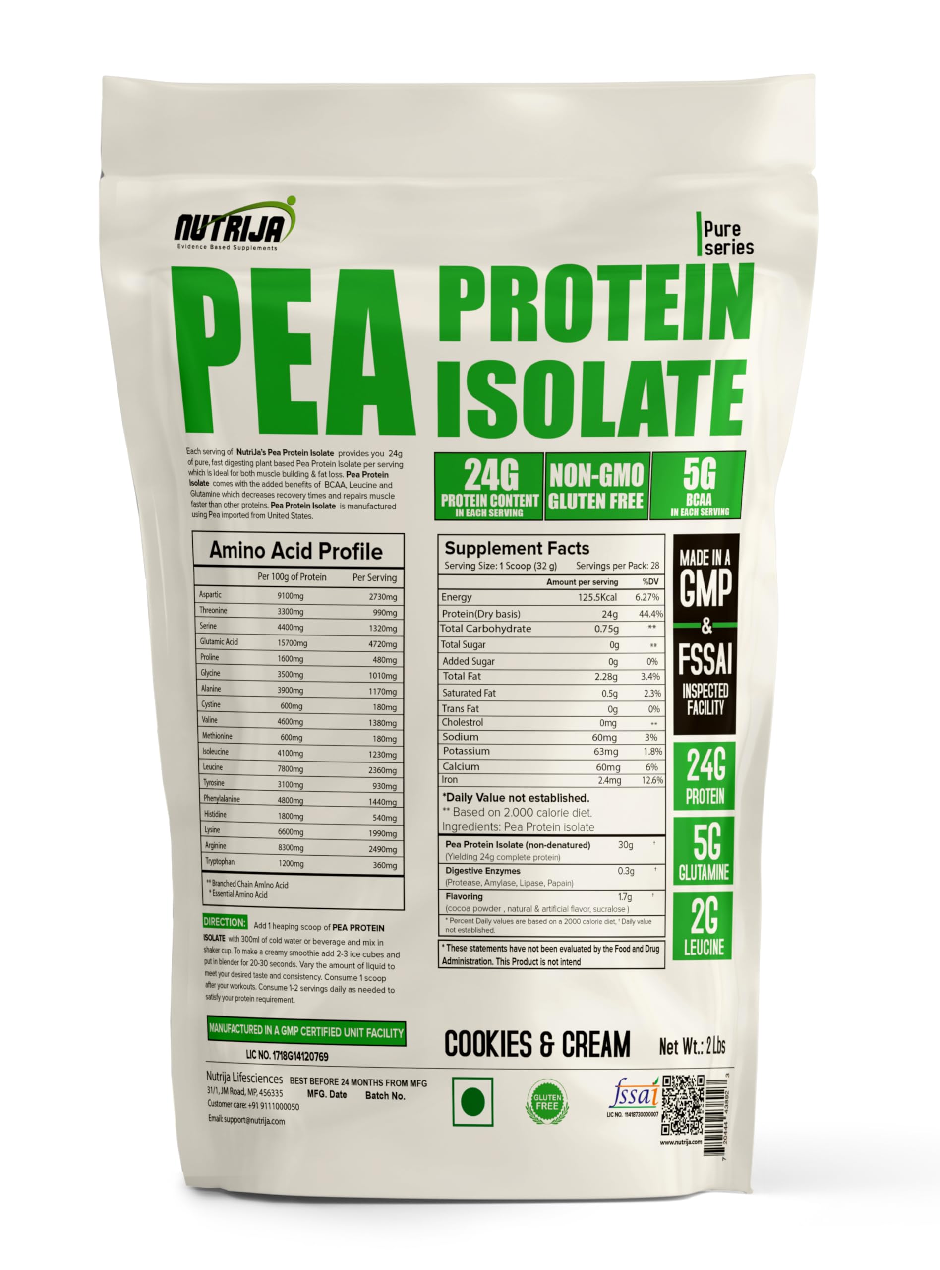 NutriJa Pea Protein Isolate 85% with added Digestive Enzymes 100% Vegan & Plant-Based, BCAAs, Amino Acid, Non-GMO – 28 Servings (2 Lbs (Cookies & Cream))-image-4
