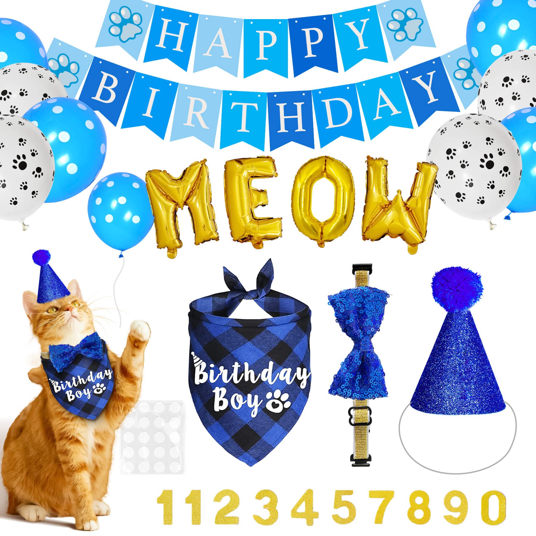 PEEOED Cat Birthday Party Supplies, Cat Kitten Birthday Hat with Cat Birthday Bandana Bow Tie Birthday Number Cat Banner Meow Letter Balloons Decorations for Cat Kitten Small Animals Birthday Outfits
