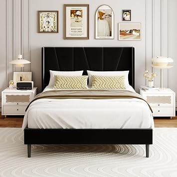 Double Bed Frame with Headboard, Velvet Geometric Tufted Upholstered Platform Bed Frames, Contemporary Mattress Foundation, No Box Spring Needed, Noise Free, Easy Assembly, Black