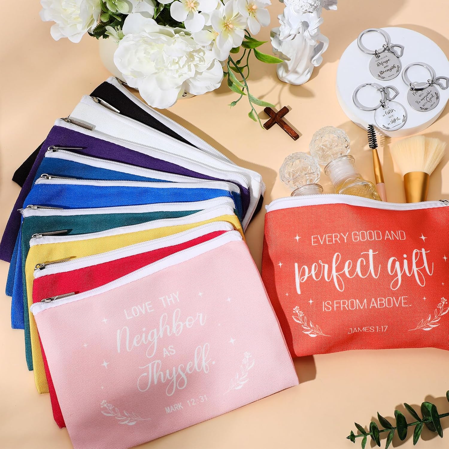 Teenyyou 30 Pcs 10 Sets Christian Gift Bulk for Women Scripture Coffee Cups 16 oz Bible Verse Plastic Tumblers with Lid Makeup Bags Keychains Christian Religious Church Mother Gifts Bulk