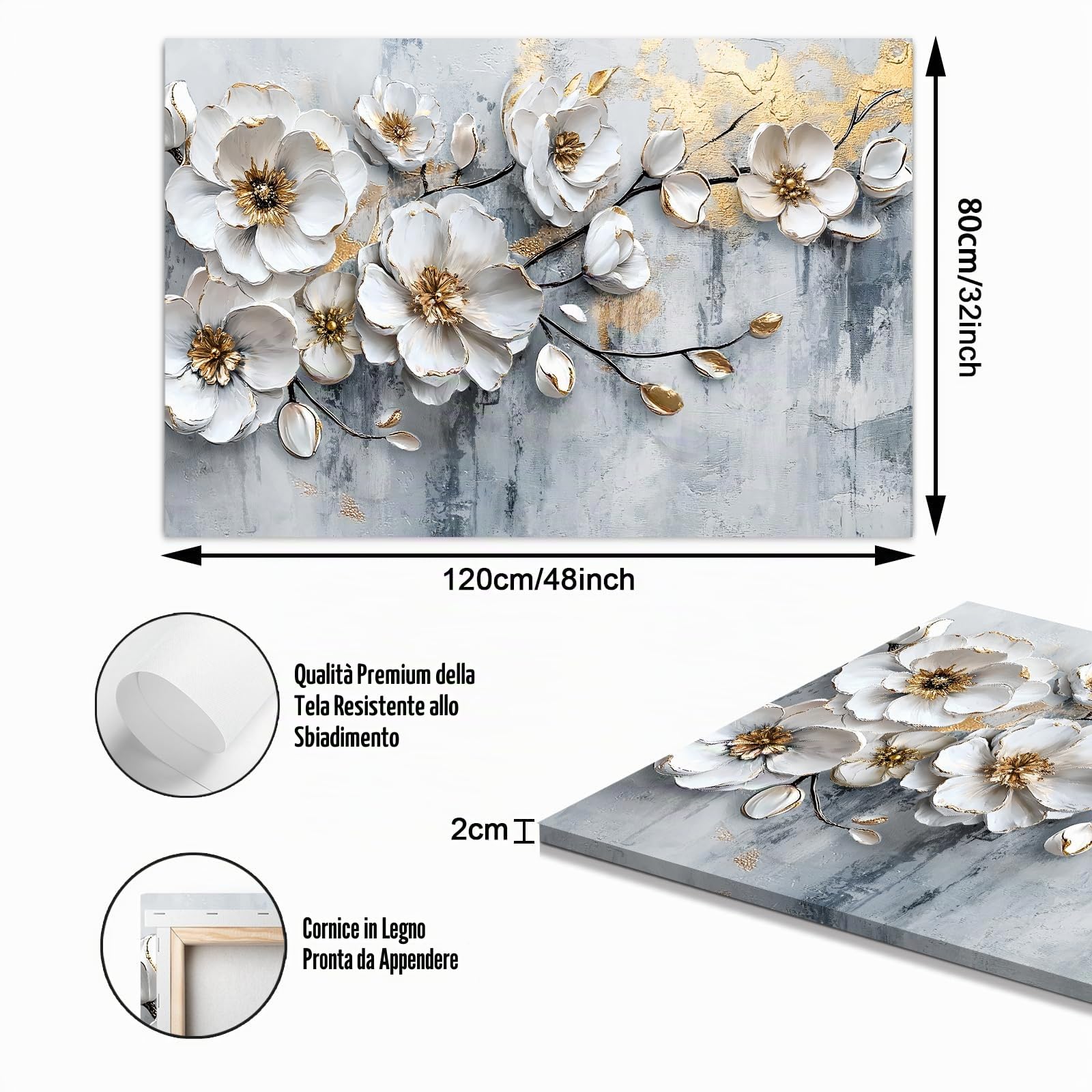 WENGTIAO Stampa su Tela Peonia Bianca Floreale Incorniciato Grande Quadro su Tela Estetica Fiori Bianchi Pittura Quadri Moderni Soggiorno Camera da Letto Casa Decorativo Parete 120x80 cm