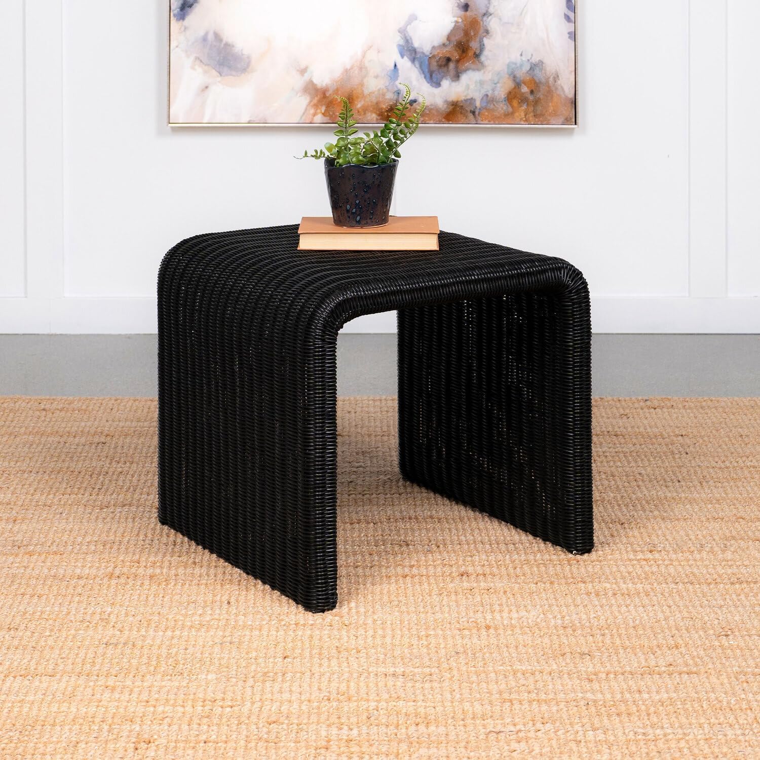 HomeStock Woven Metal End Table - Black Accent Table for Living Room & Bedroom