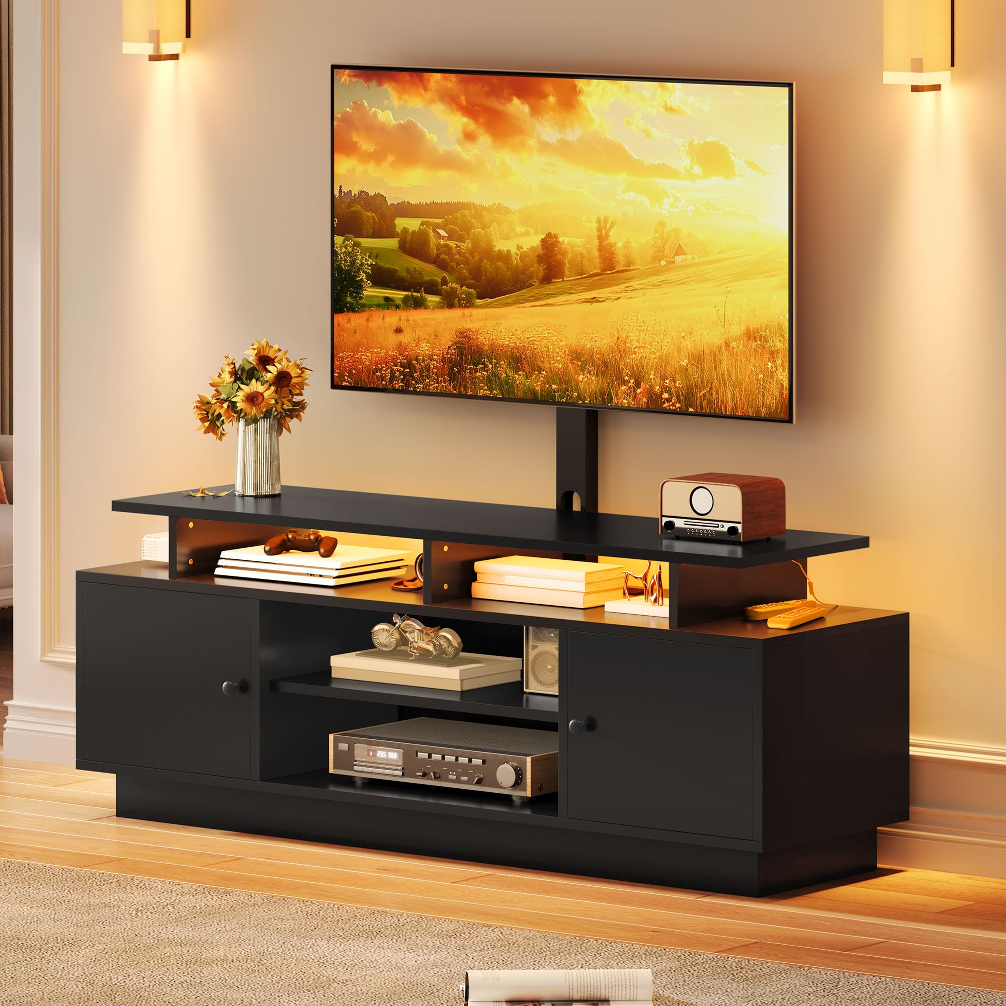 YITAHOME 59" TV Stand with Mount for TVs up to 65 Inches, Entertainment Center with Power Outlet & LED Lights, Modern TV Console for Living Room (