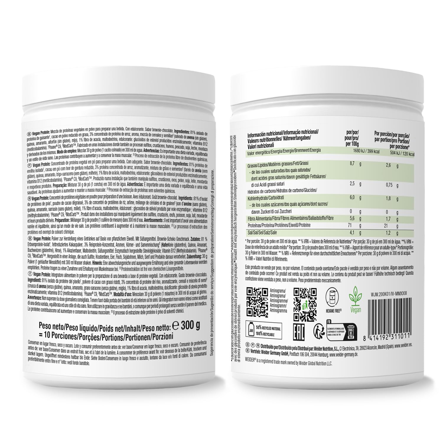 Weider Vegan Protein PACK DUO (2x300g) Sabor Vainilla+Chocolate. Proteína 100% Vegetal Guisantes (Pisane) y Arroz. Con Vitamina B12 y Fibra de Acacia. Sin Gluten, Sin Azúcar. Bote 50% Reciclado.