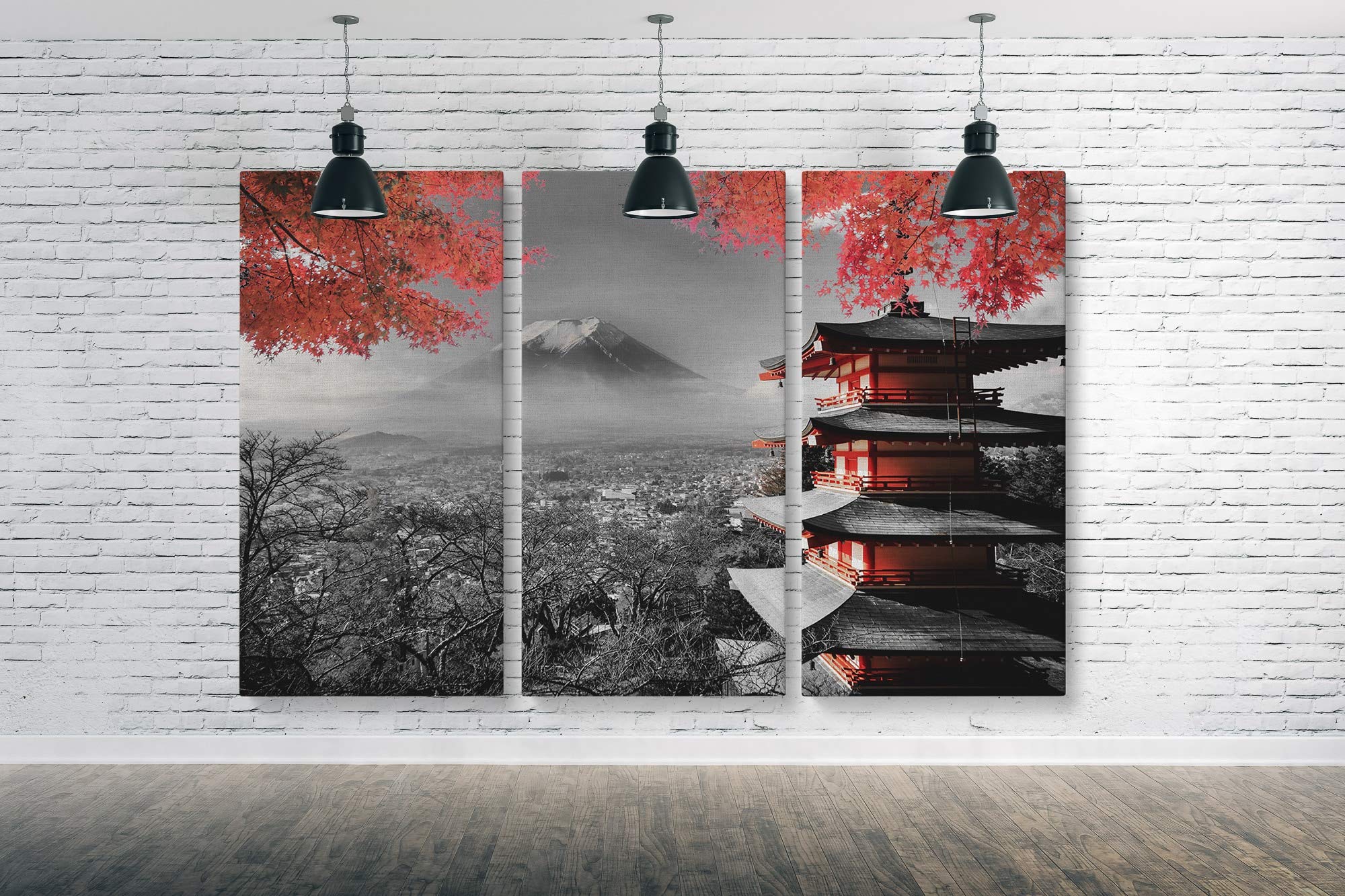 Blaze Canvas Japanese Temple in Autumn Black White Red Canvas Art Wall Art Home Decor (3 Piece Medium)