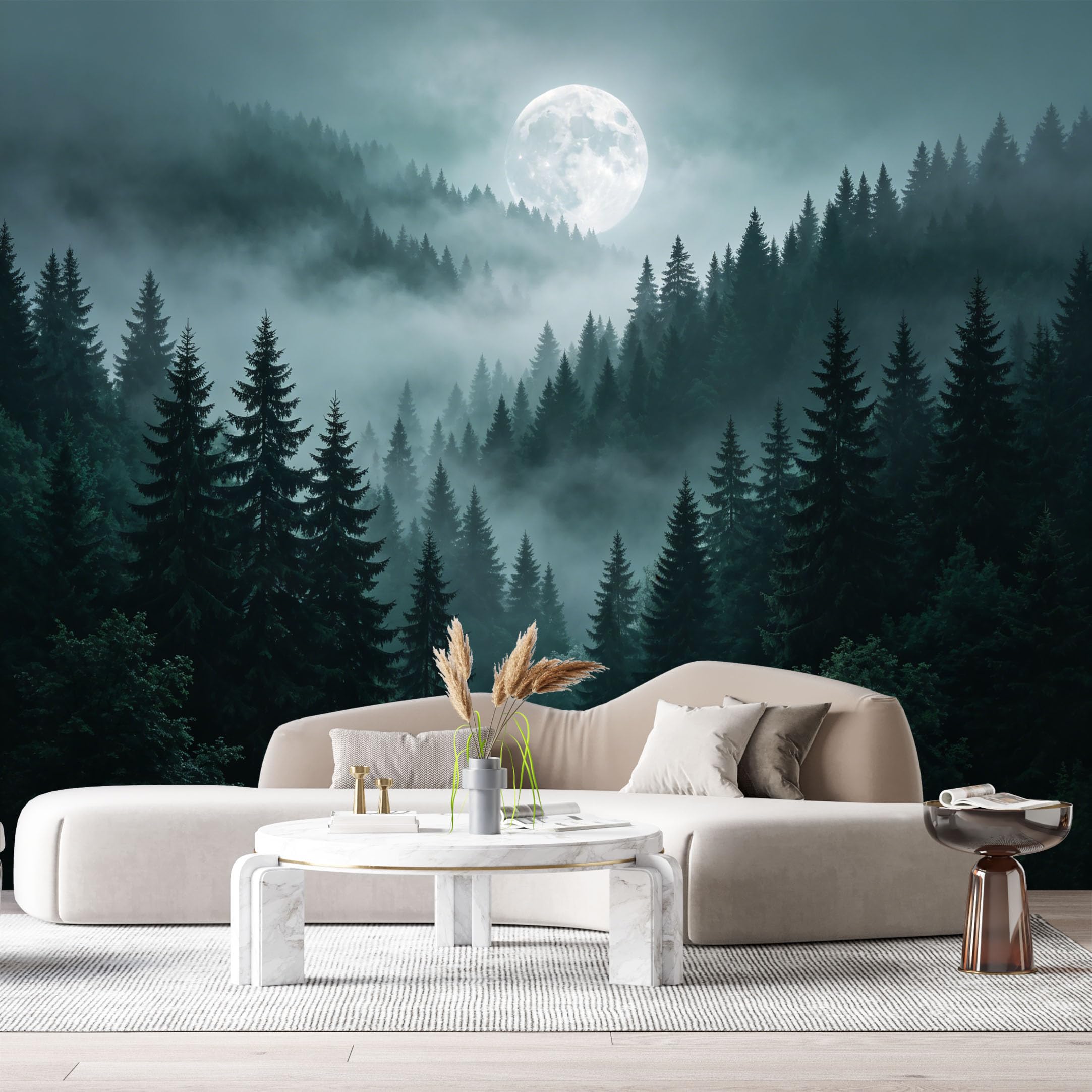 Custom Size Wall Murals Moonlit Forest Landscape Misty Pine Trees Night Sky SelfAdhesive Wall Fabric Removable Large Wallpaper for Photo Living Room