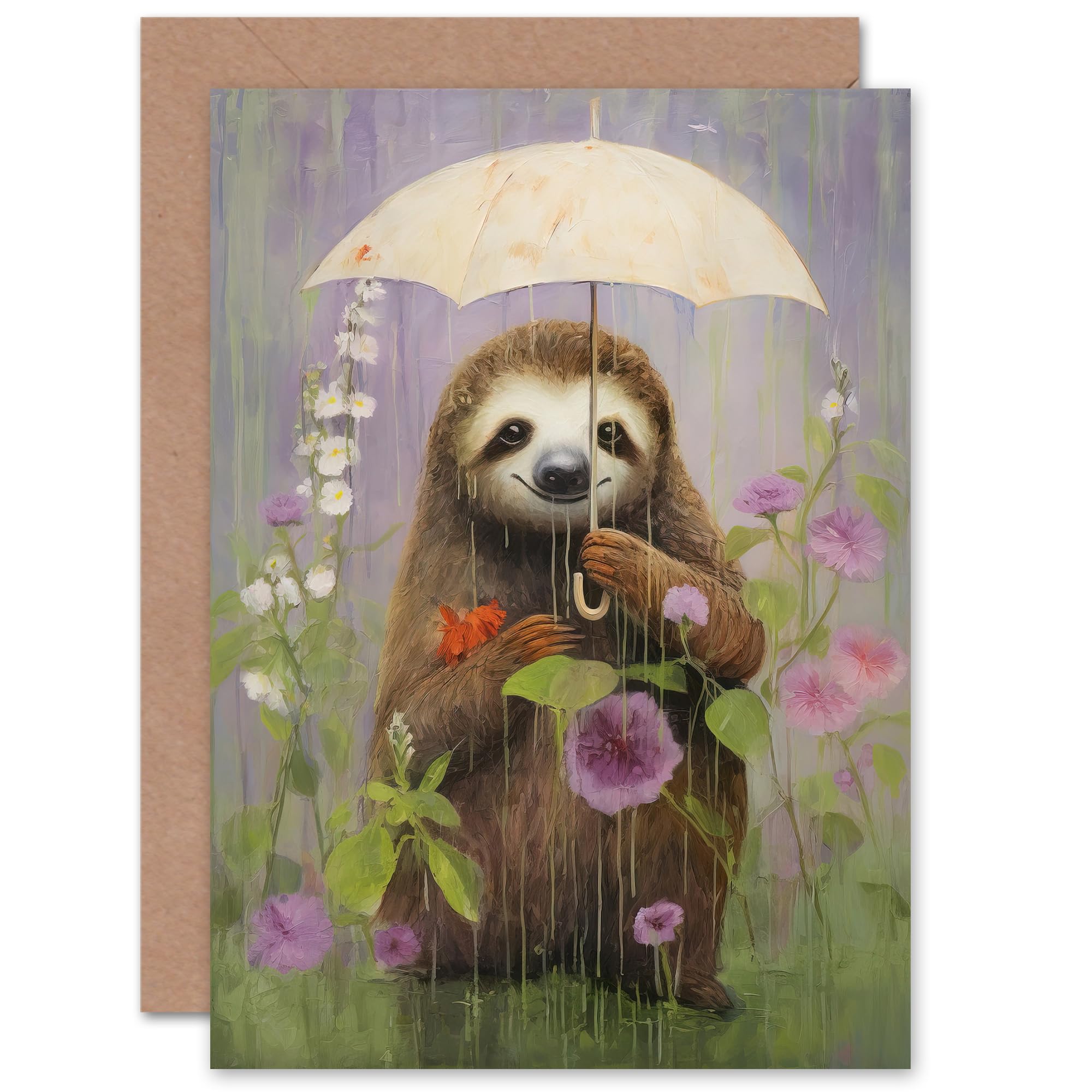 Artery8 Cute Sloth with an Umbrella Wildflower Meadow for Child Children Kids Birthday Thinking of You Get Well Soon Blank Art Greeting Card