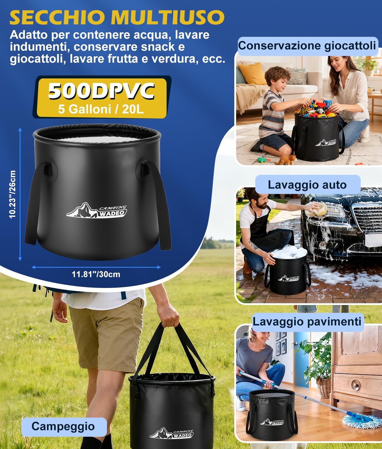 WADEO Doccia Portatile Campeggio con Acqua Calda, Autonomia fino a 10 Giorni, Display LED, Secchio Pieghevole 20L, Doccia Camper Ricaricabile USB, IPX8, per Viaggi, Spiaggia, Cani