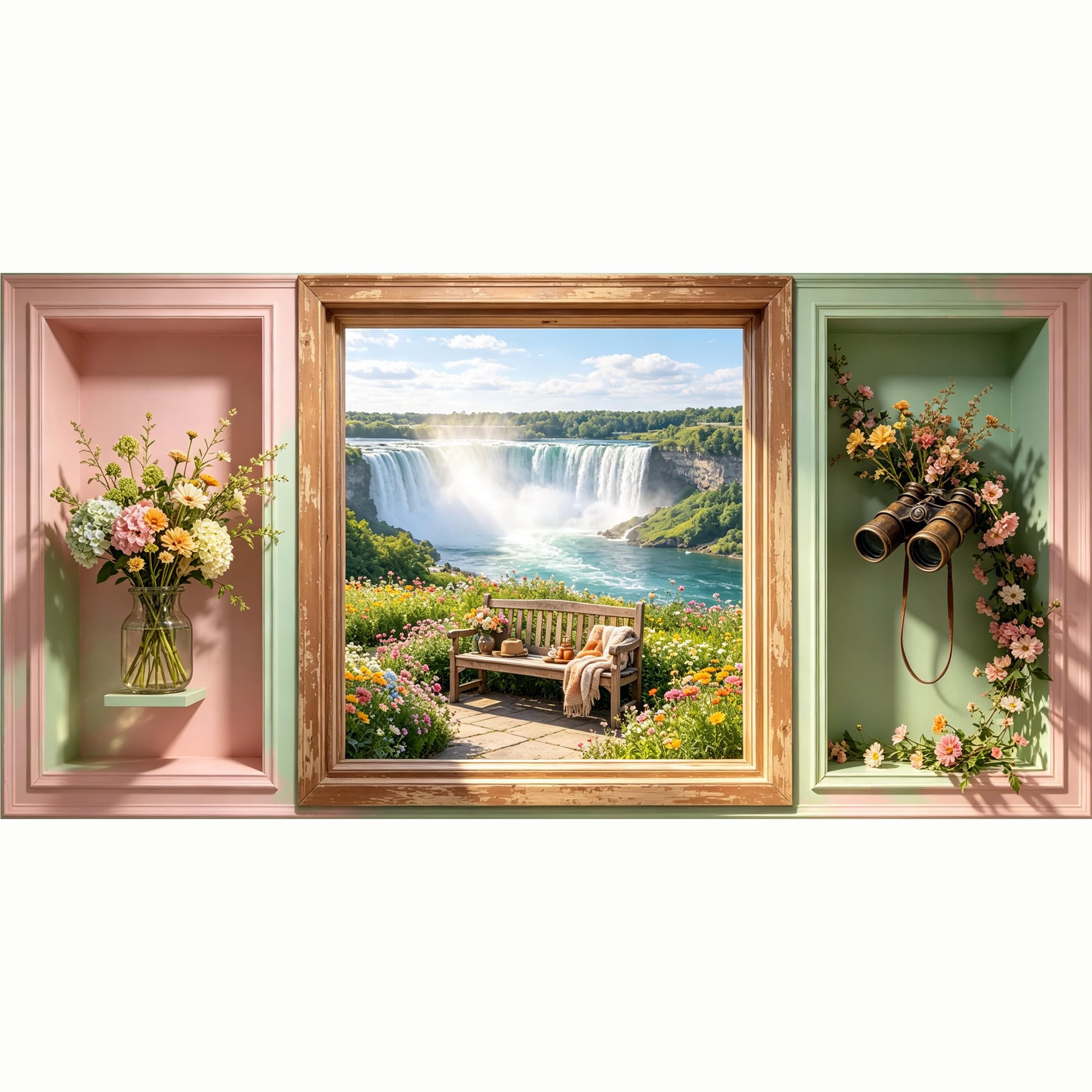 QZLITHOTIC 50x100cm 3D Framed Wall Art， Waterfall Landscape Garden Bench Self‑Adhesive Mural， Water‑Activated Peel & Stick Fabric Decor Wall Decal for Bedroom Living Room