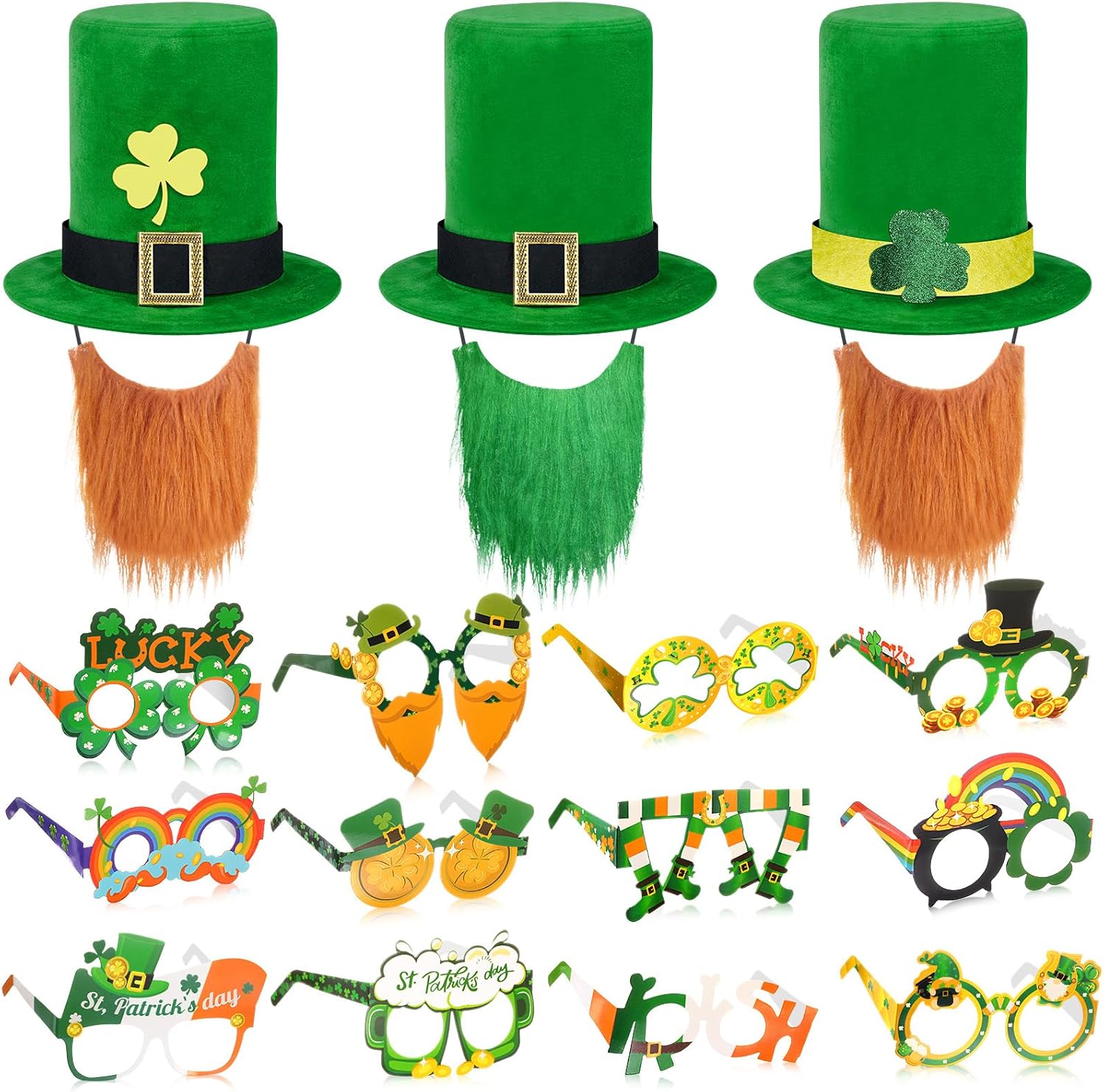 St. Patrick's Day Hats Shamrock Glasses Set Green Top Costume Hat Glasses with Hairpin, Clover Hat for Adult