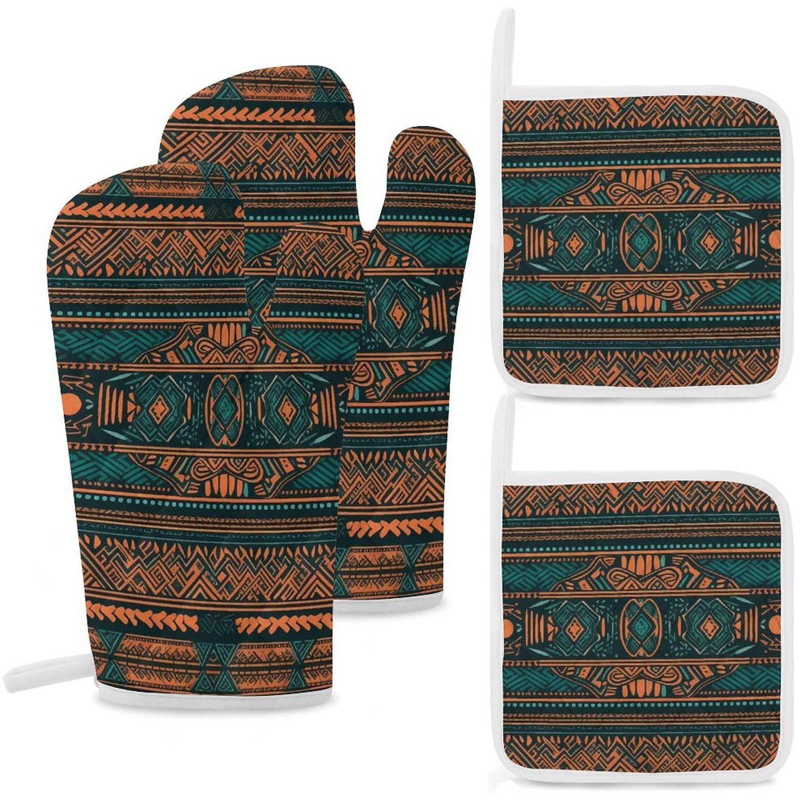Oven Mitts and Pot Holders Set of 4 Heat Resistant Non-Slip Kitchen Gloves Hot Pads African Tribal Pattern Mittens Gloves Non-Slip Potholders for Cooking Baking Grilling BBQ