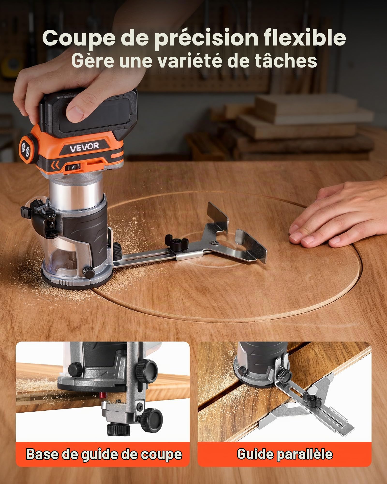 VEVOR Affleureuse sans Fil Moteur sans Balais Défonceuse Compacte 6 Vitesses Variables pour Travail Bois, Compatible avec Batterie 18 V Makita Non Incluse, avec Base Fixe, Capot d'Aspiration Poussière