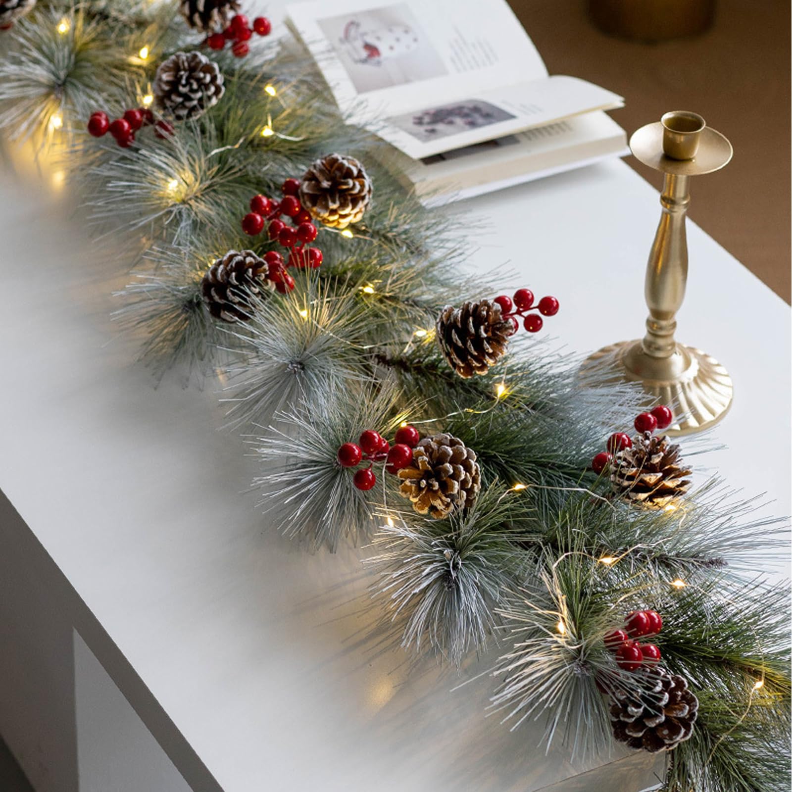 Pigne, Bacche Rosse E Accenti Glitterati Argentati, Ghirlanda Natale Artificiale in Pino Sterling, Ghirlanda Verde Invernale Per La Decorazione Del Centrotavola Del Camino Durante Le Festività,6ft