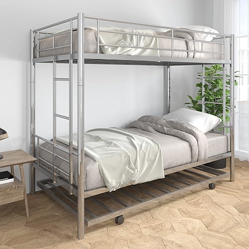 Twin Over Twin Metal Bunk Bed with Trundle Heavy Duty Twin Size Metal Bunk Beds Frame with 2 Side Ladders Convertible Bunkbed with Safety Guard Rails,No Box Spring Needed