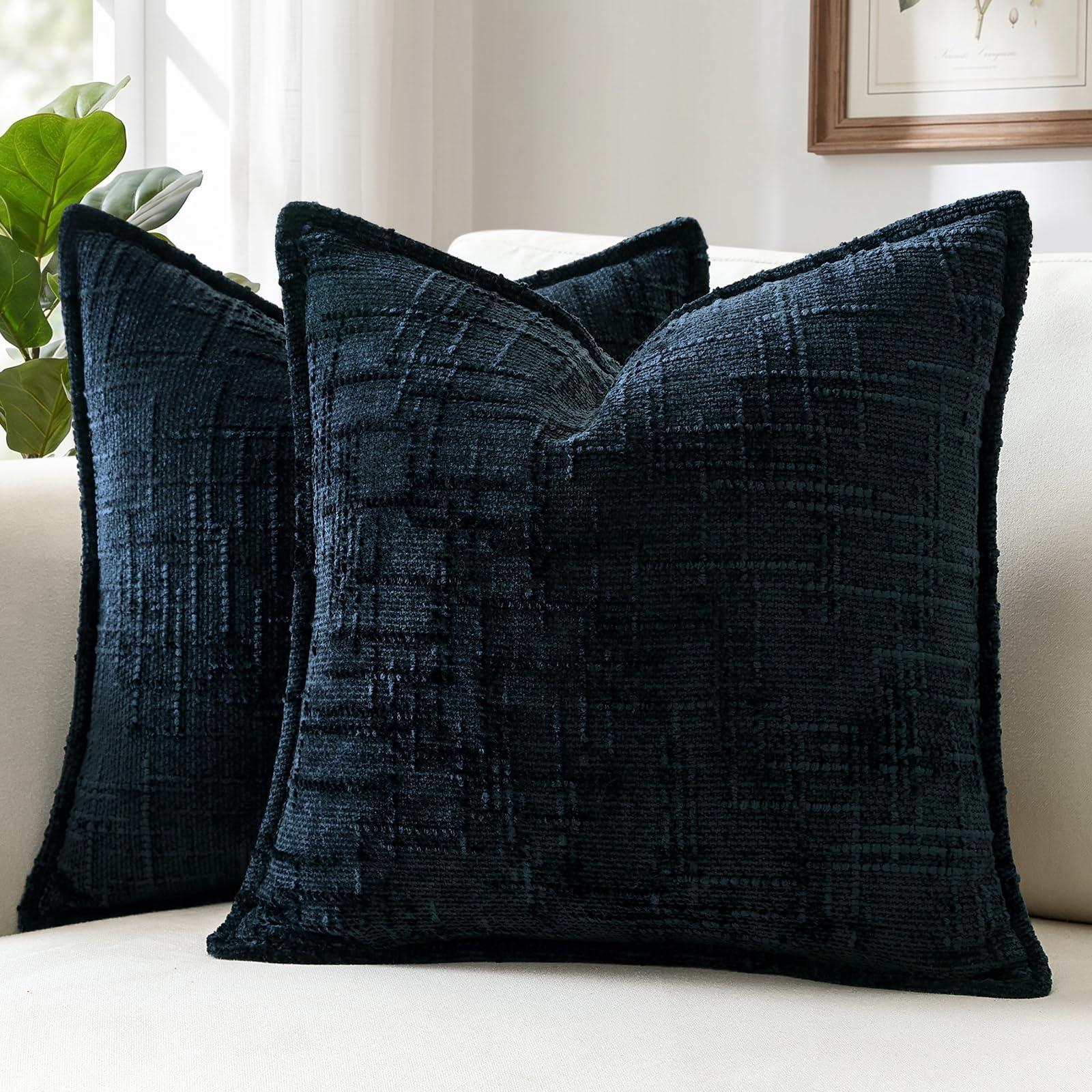 Sungeek Pack of 2 Dark Blue Chenille Textured Decorative Cushion Covers, Soft Cozy Bound Edge Design Cushion Case, Solid Farmhouse Square Pillow Case for Couch Sofa Bed Living Room, 50x50cm
