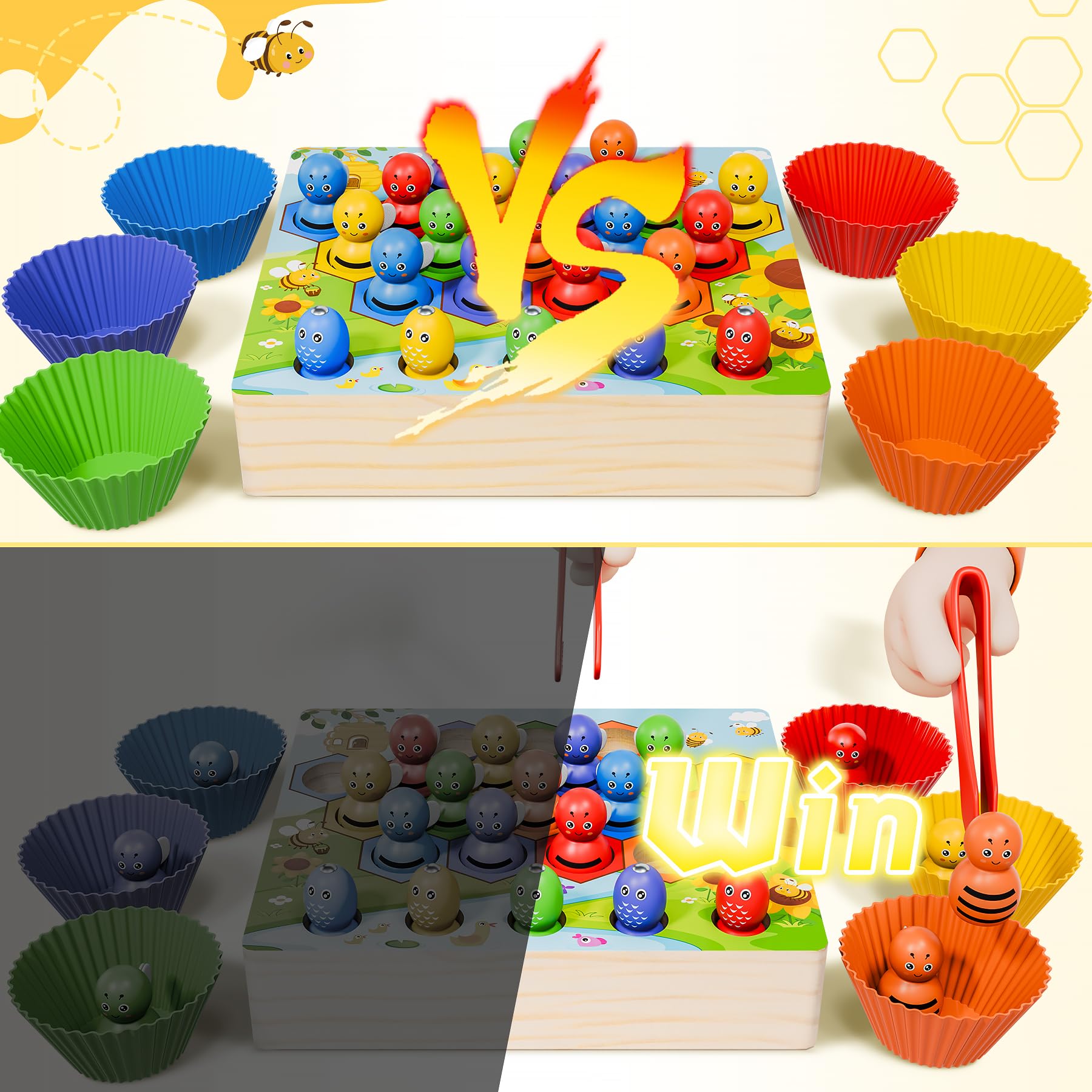 Ophy Giochi Montessori 2 3 4 5 Anni - Giocattolo in Legno Corrispondenza dei Colori Giocattoli Educativi con Ciotola 3 in 1 Giocattolo di Conteggio Bambini Regali per Bambini Gioco di Pesca Vector