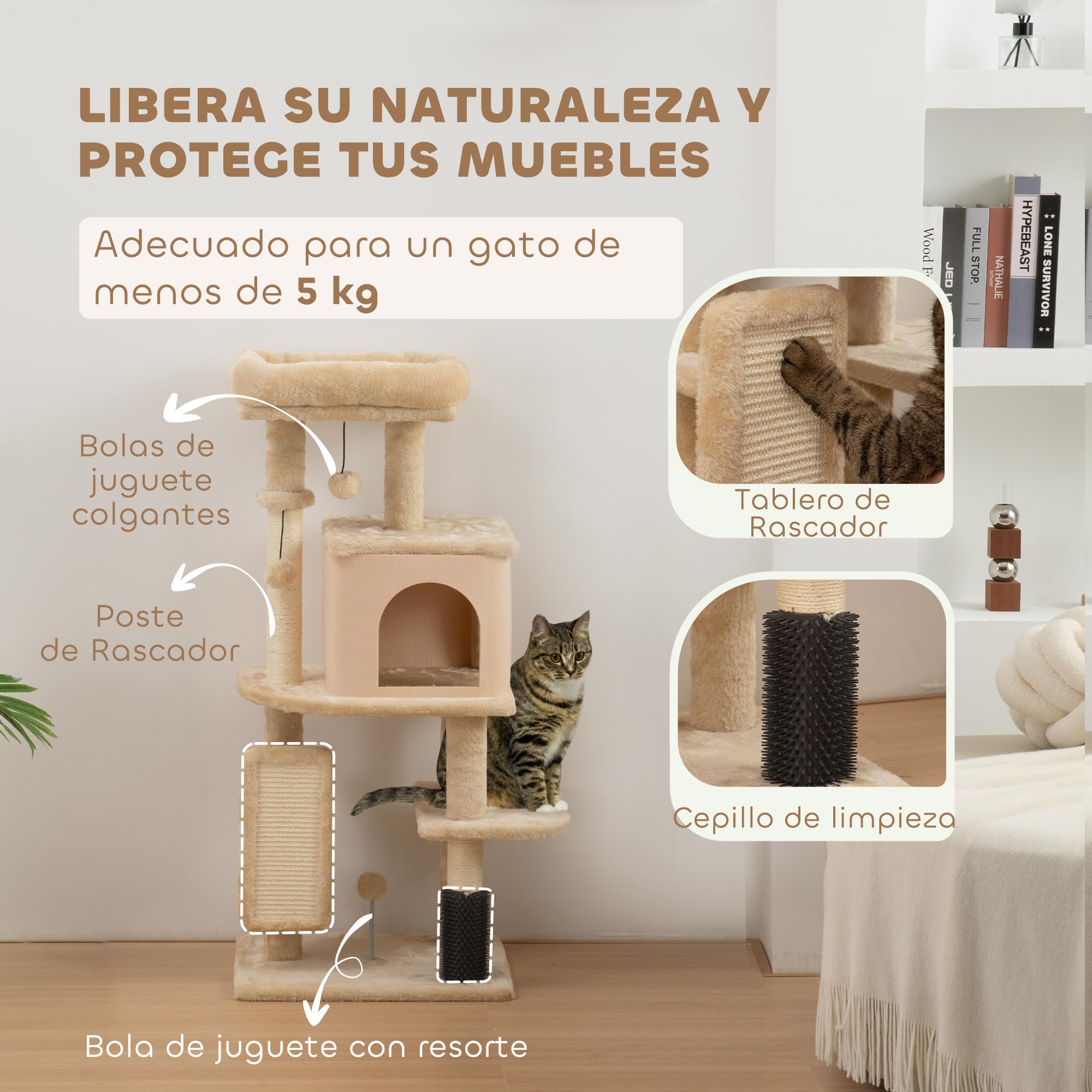 PawHut Árbol Rascador para Gatos - Altura 104 cm con Plataformas, Bolas Colgantes y Almohadilla para Rascar - Beige