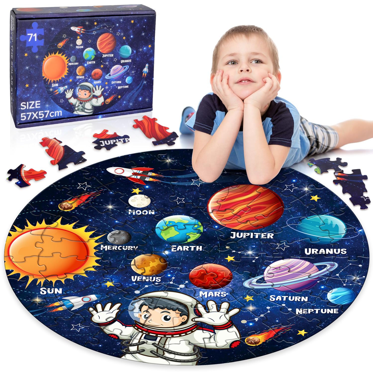 Puzzle Bambino Sistema Solare da Pavimento 71 Pezzi per 5 6 7 8 Anni, Gioco Regalo per Ragazzi