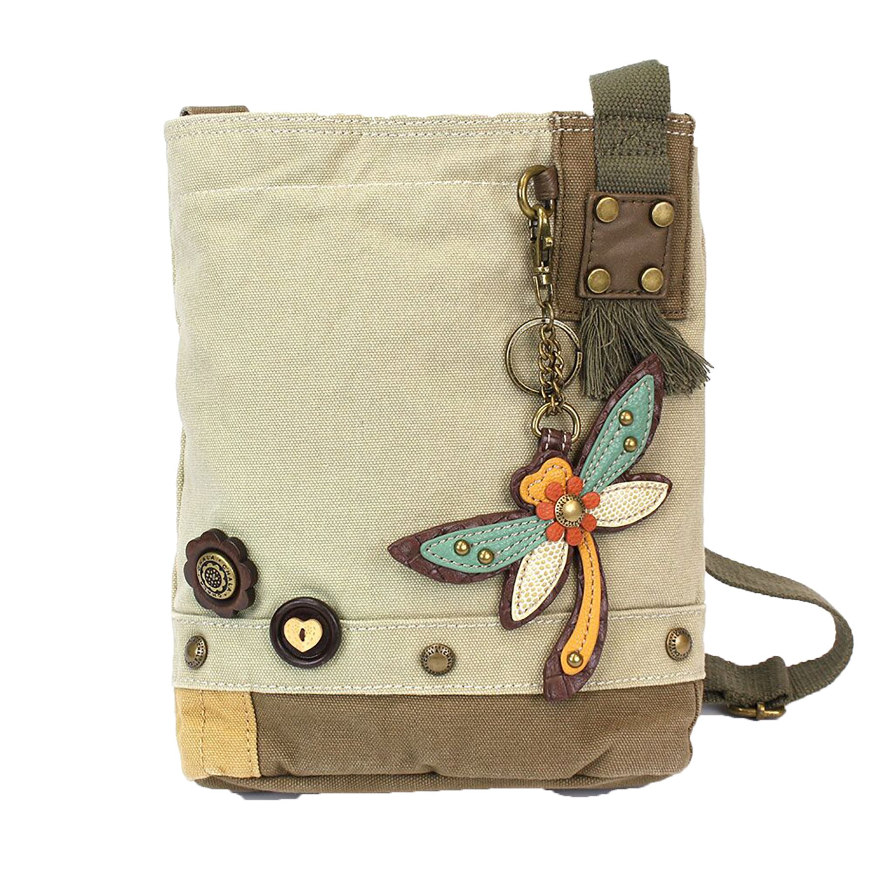 CHALA Womens' Canvas Patch Crossbody Handbag with Keyfob- Sand (Dragonfly)