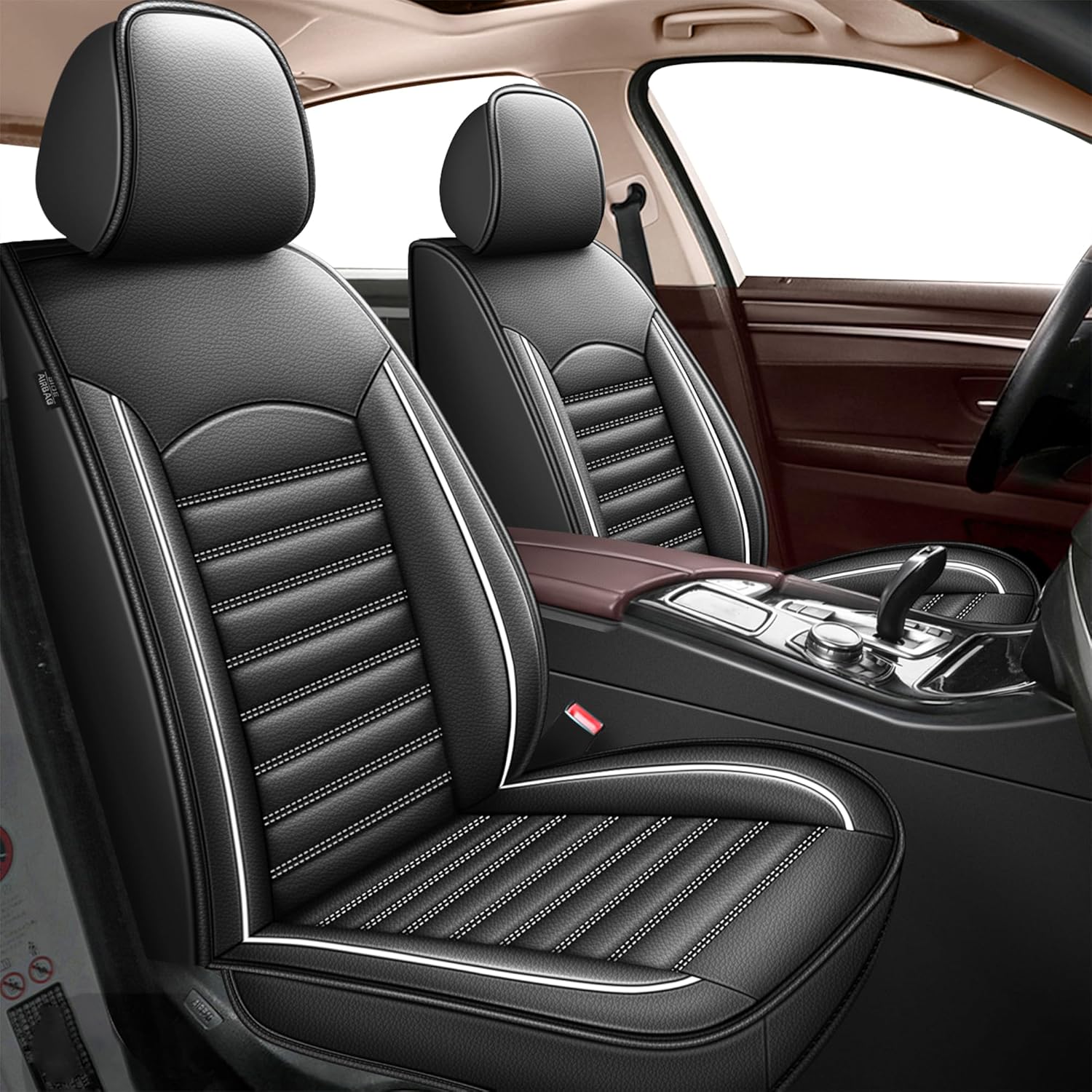 Car Seat Covers Full Set Fit for Ford Fusion 2006-2020 Seat Cushion Compatible Airbag Waterproof Faux Leather Seat Cover Automotive Interior Accessories-White Line