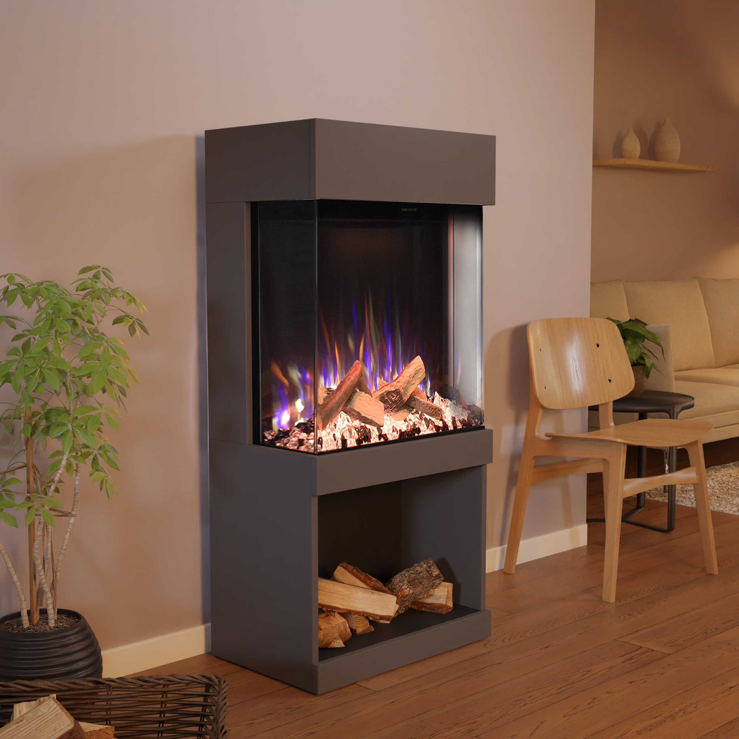 GLOW FIRE Kaminofen PR12 mit realistischem 3D E-Motion LED-Feuer - Stand-Elektrokamin mit Heizung und Kaminfeuer, Knistereffekt & Timer, max. 1500 W, 61,5x130x40cm, Grau