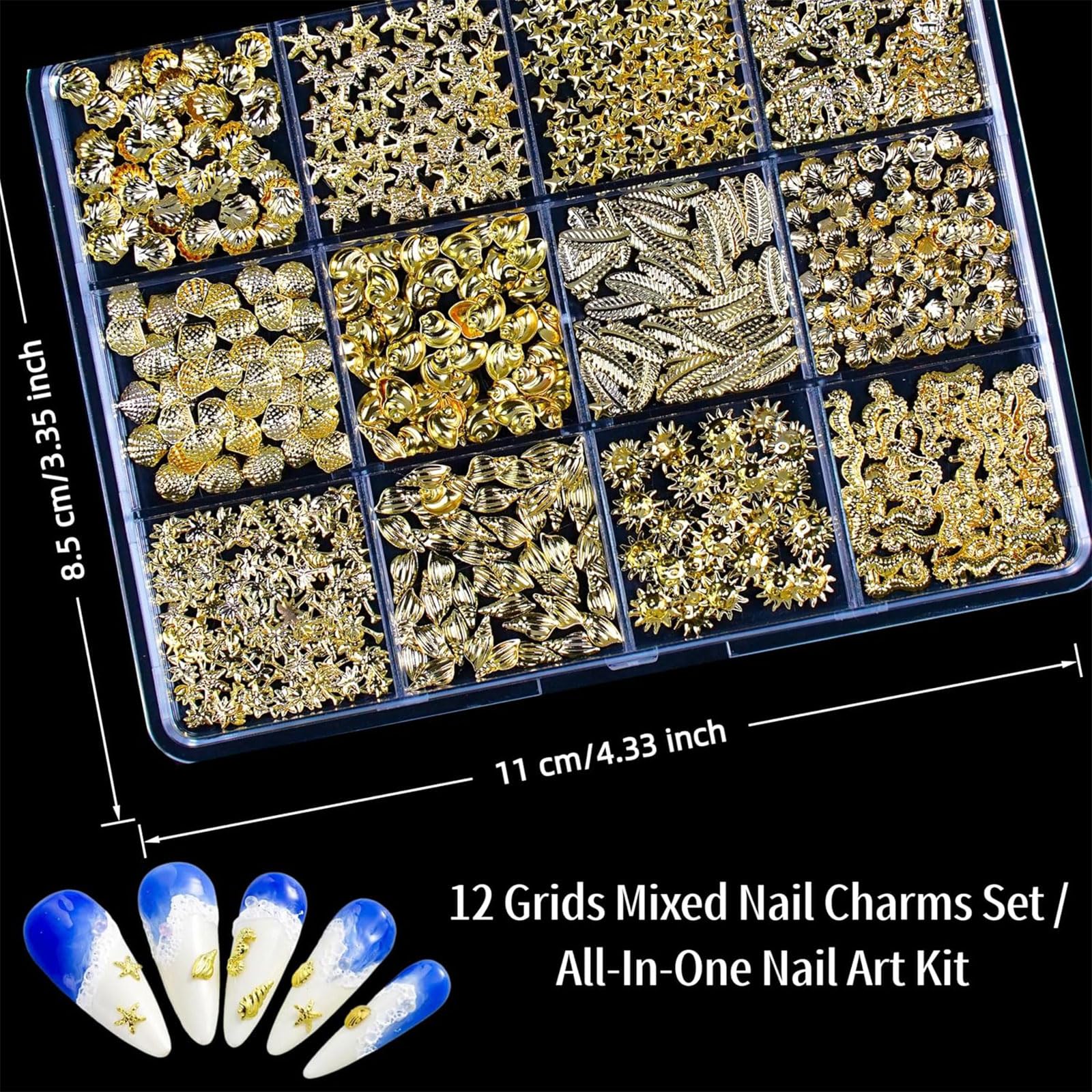 VelvetGlow Metalowe paznokcie 3D – różne kształty, złote muszle, konik morski, cyrkonie, tropikalne motywy morskie, wisiorki z liśćmi
