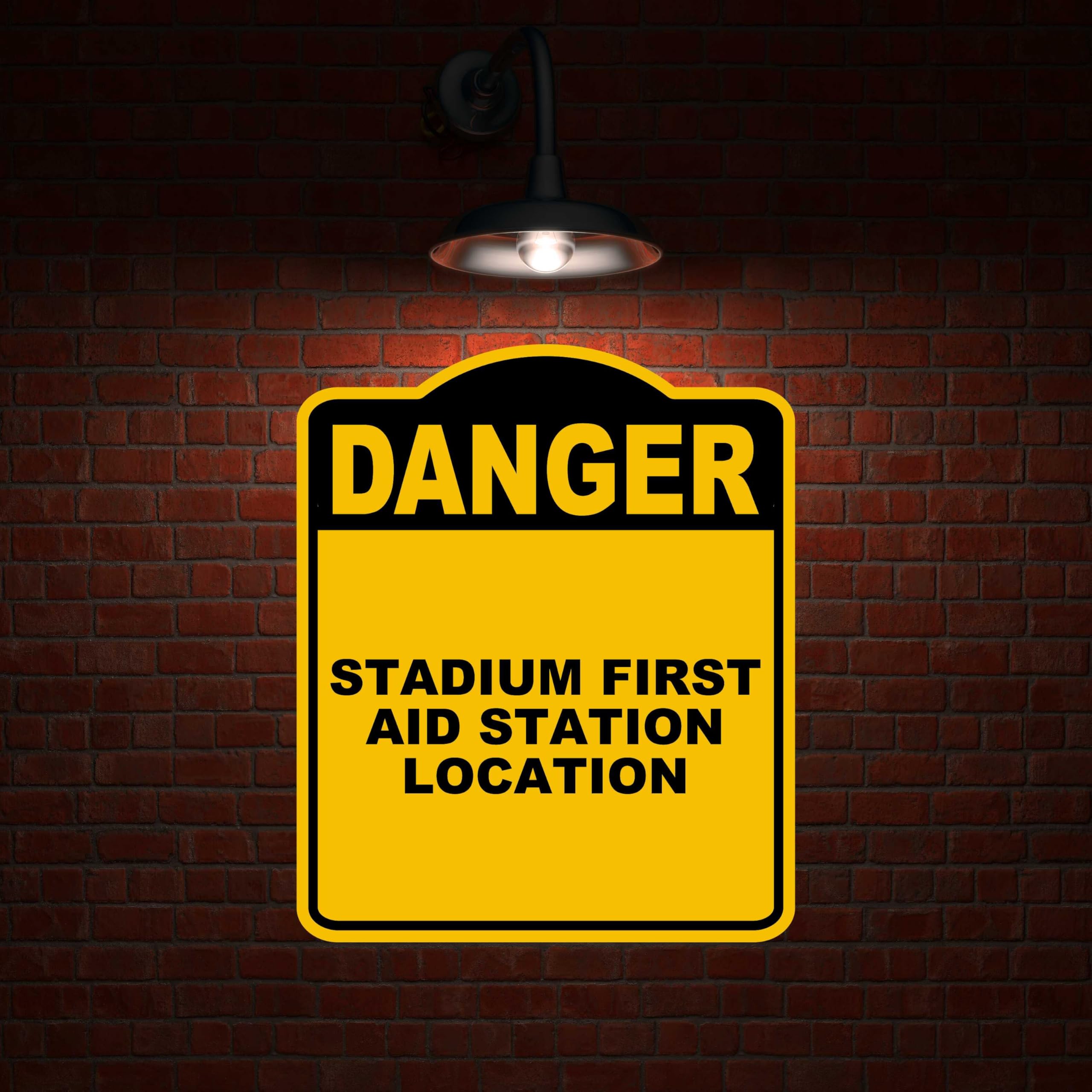 STADIUM FIRST AID STATION LOCATION Danger Yellow Black Aluminum Composite Sign 15 x 18 inches