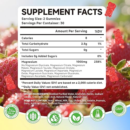 Miniatura 2 de Gomitas de complejo de magnesio, suplemento de complejo de magnesio 12 en 1, 1000 mg - Glicinato mag, citrato, malato, taurato - Alta absorción para