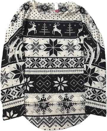 Womens Cream & Black Knit Nordic Snowflake Semi-Sheer Reindeer T-Shirt