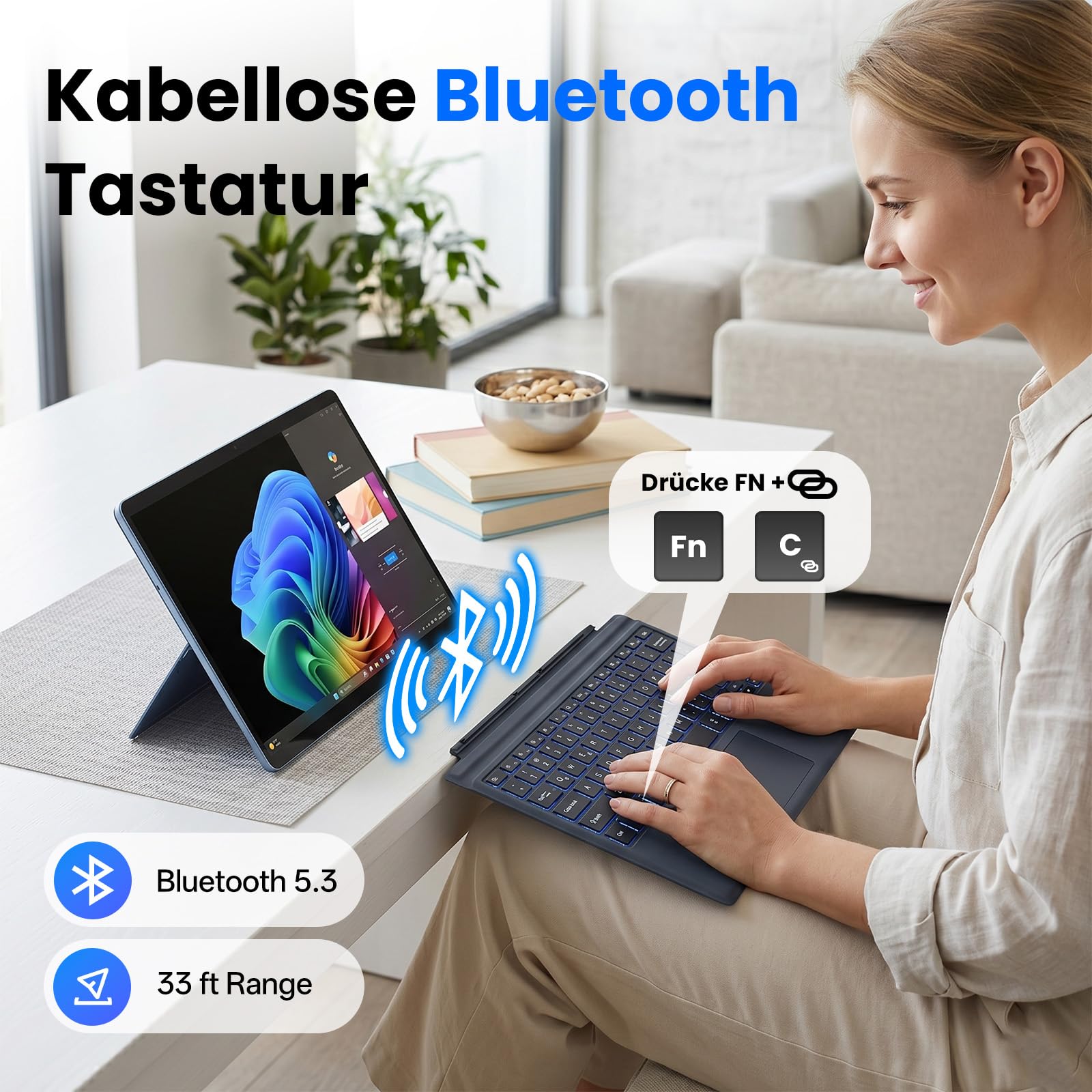 Bluetooth Tastatur für Surface Pro 7+/7/6/5/4/3, Kabellose Beleuchtete Tastatur, Ultraslim Tastatur mit Touchpad, Wiederaufladbare, Deutsche QWERTZ Layout