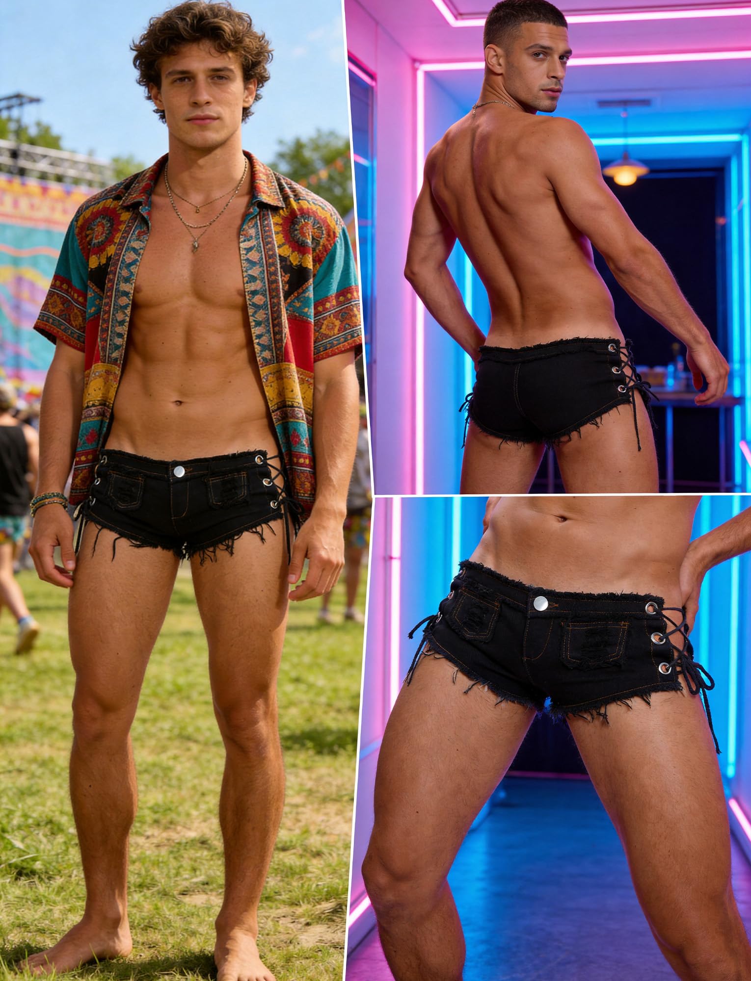 FEOYA Pantalon Sexy en Jean pour Homme avec Sangle Latérale Taille Basse Ourlet Brut Effiloché Mini Short en Jean Découpé pour Fête, Club, Plage, Vacances