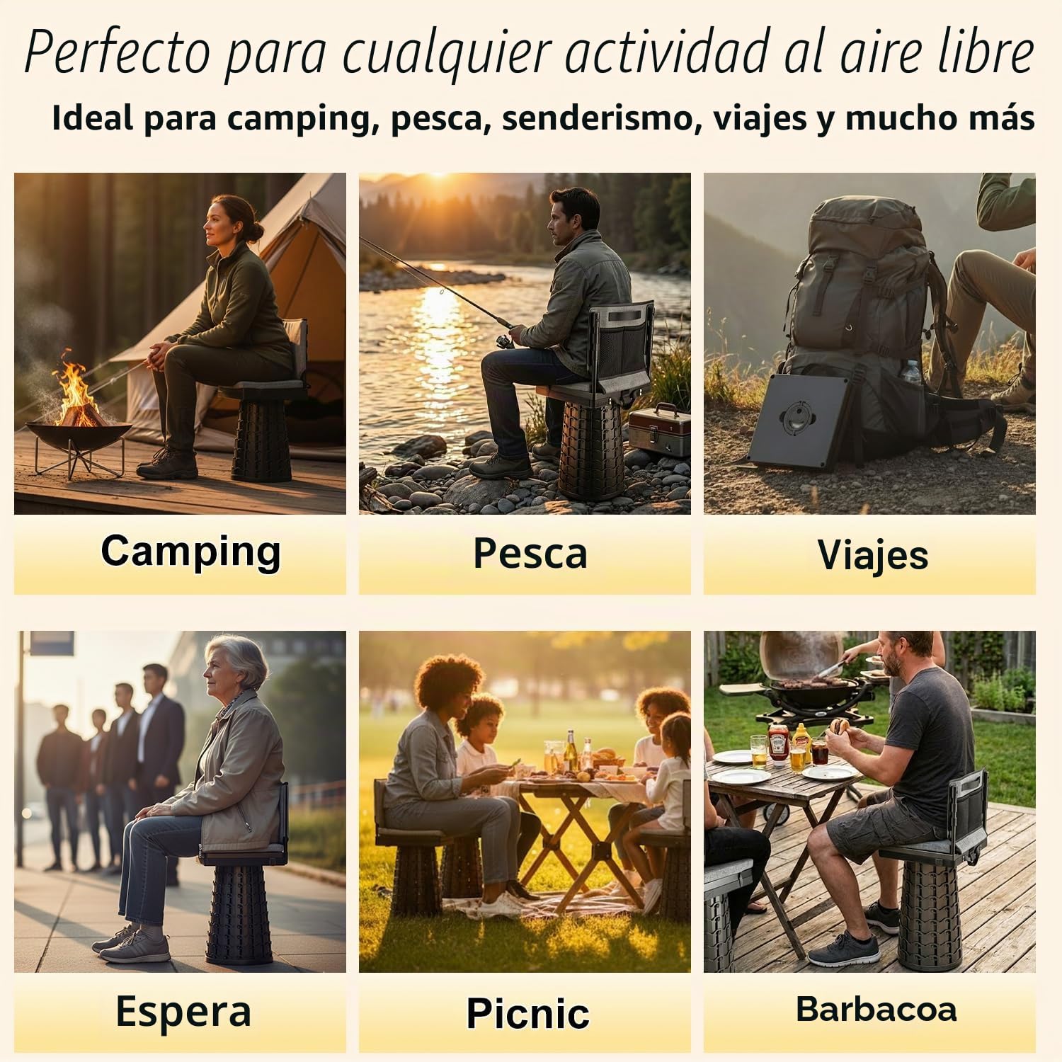 Taburete telescópico Mejorado con Respaldo y cojín Extra Grueso,Silla Plegable portátil Cuadrada para Exteriores,Taburete Plegable de 50 cm para Adultos Camping Pesca Senderismo Viajes BBQ