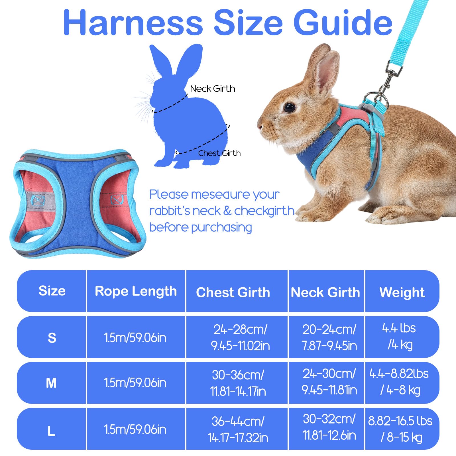 Harnais souple pour lapin avec laisse réglable pour lapin - Accessoires pour chatons - Harnais pour chats et autres petits animaux de compagnie - Bleu, M