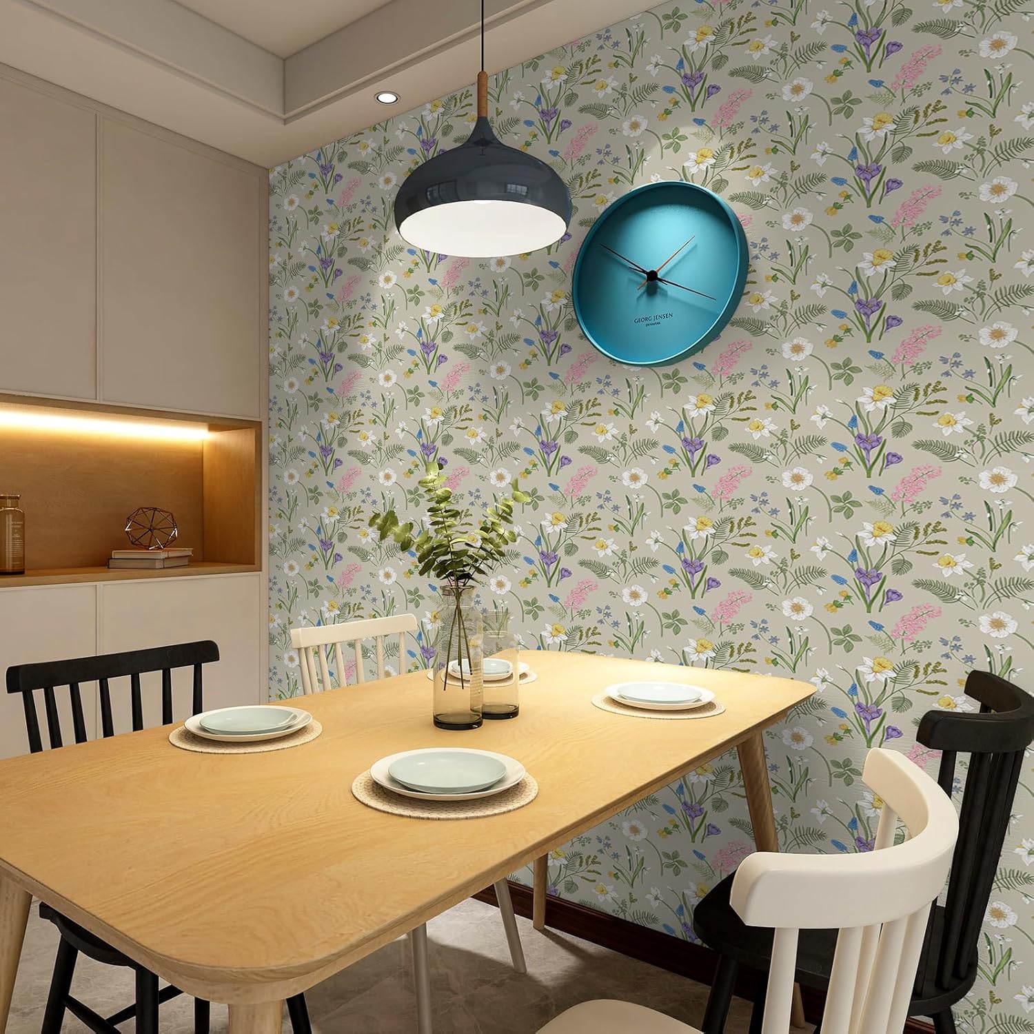 Beige Floral Peel and Stick Wallpaper Colorful Wildflowers Botanical Wallpaper Removable Flower Green Leaf Wall Paper for Bedroom Cabinet 12"x118" Stick and Peel Floral Contact Paper