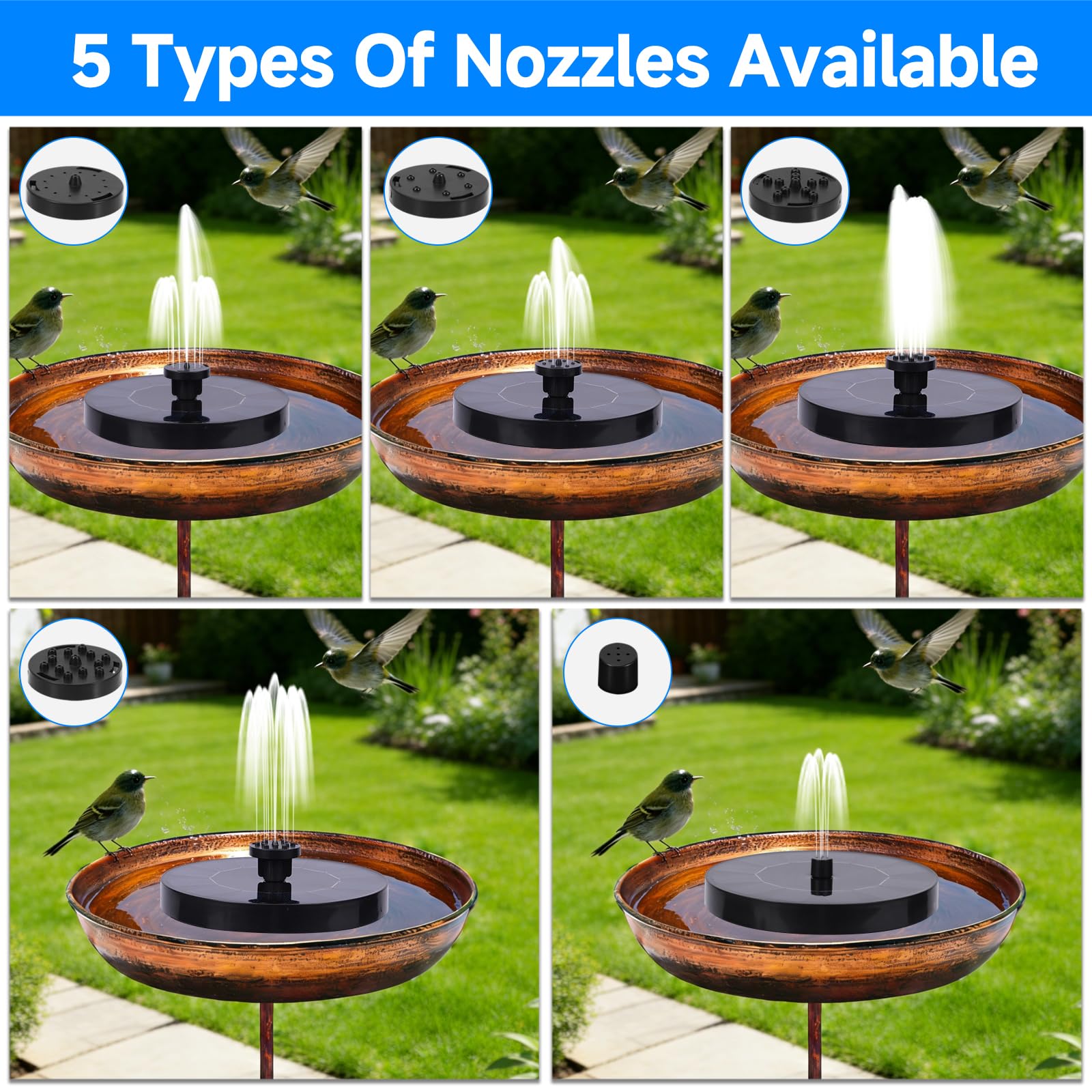 Fontana Solare da Giardino, Pompa Solare per Fontana con 6 Ugelli, Fontana Galleggiante da Esterno per Laghetto, Piscina, Acquario, Bagno per Uccelli e Decorazione Giardino