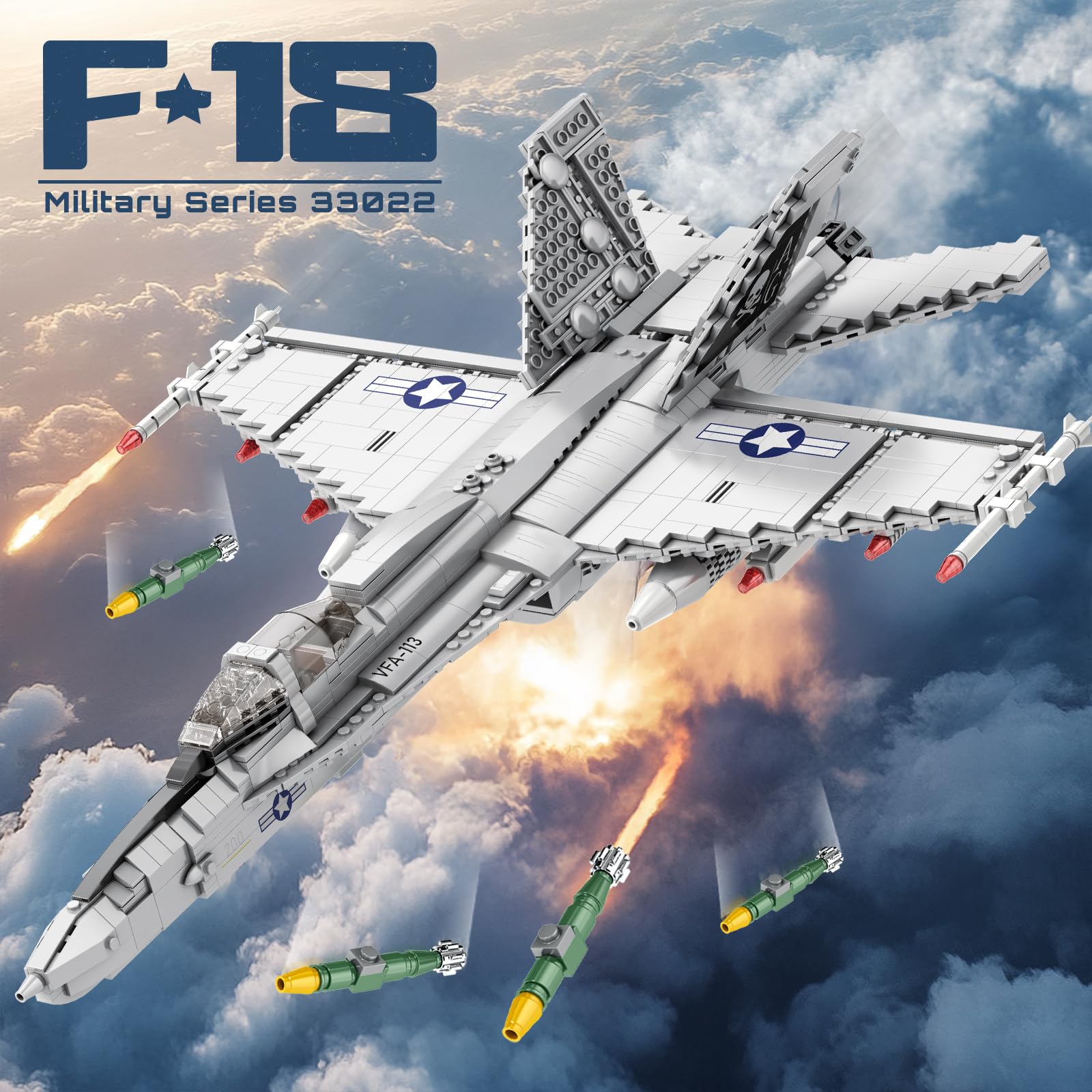 Reobrix F-18 Hornisse Kampfjet Baustein Modellbau Set für Erwachsene 33022 | Militärflugzeug Klemmbausteine, Deko-Objekt mit Ständer, Sammlerstück für Luftfahrt-Fans, Geschenk ab 14 Jahren, 1387 Teile