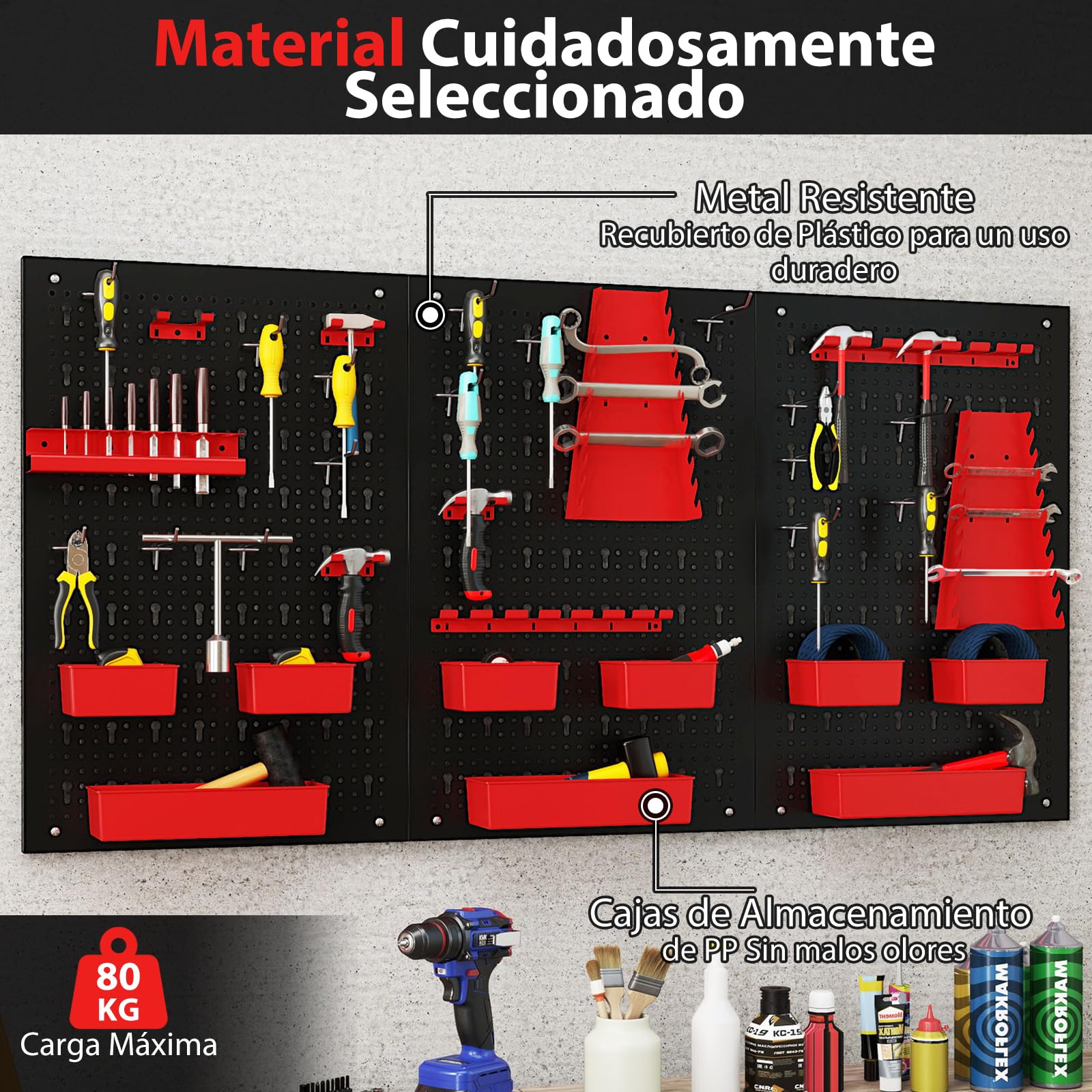 COSTWAY Organizador de Herramientas de Pared, Panel Perforado con 9 Contenedores PP, Soportes para Destornilladores y Brocas, 12 Ganchos, Almacén Resistente para Garaje, Taller (Negro y Rojo)