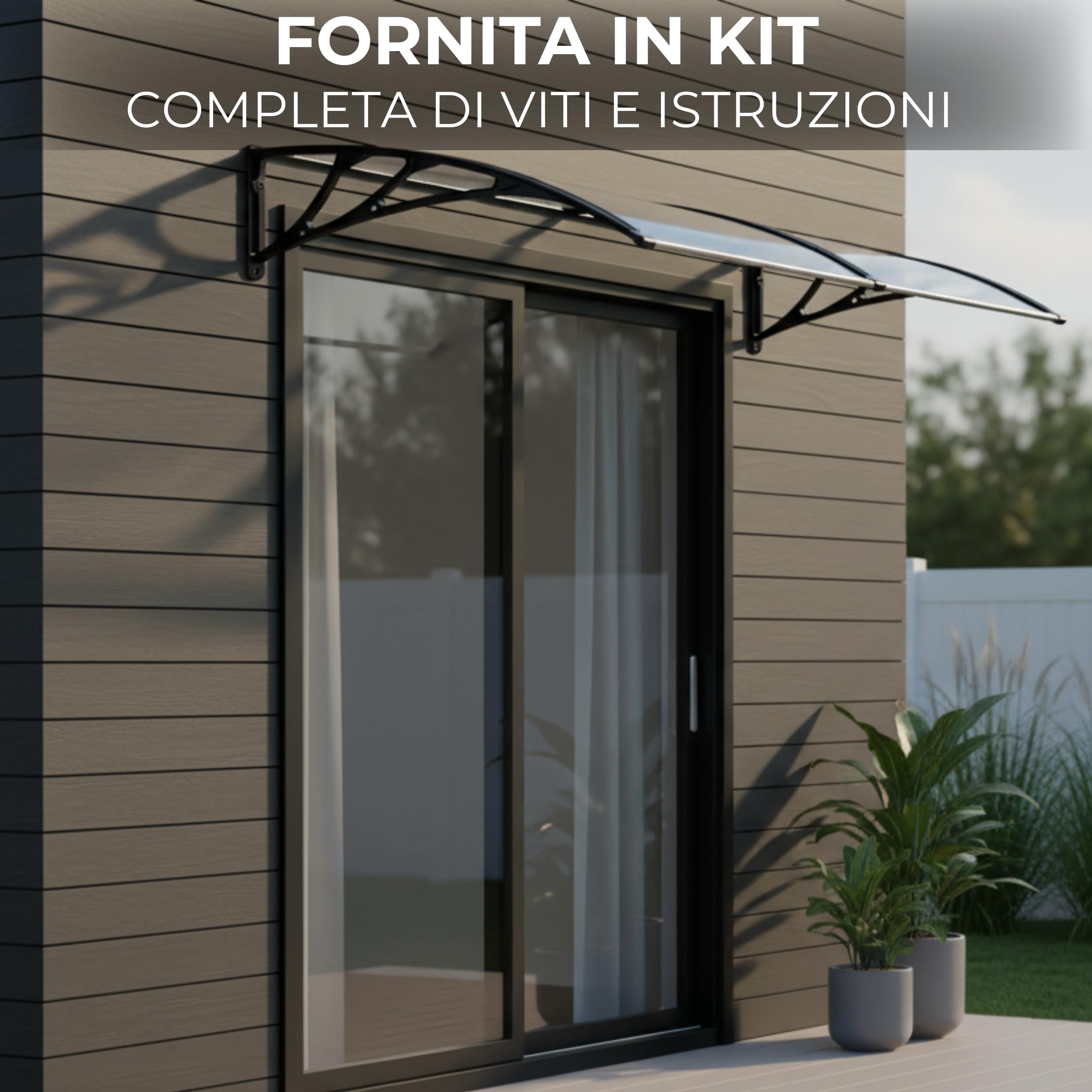 Pensilina Tettoia in Vetro Policarbonato Trasparente Fornita con Kit Completo Mensole Sostegno in ABS e Profili Longitudinali Color Alluminio Multiuso Ideale per Porte Finestre (100x80 cm)