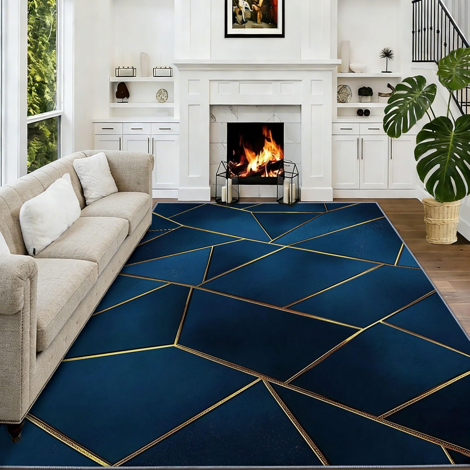 Tapis en Flanelle Douce 180 x 240 cm Triangles Géométriques Lignes Dorées Tapis de Salon Moderne, Antidérapant et Lavable en Machine – Idéal Chambre – Poils Courts Facile à Nettoyer, Bleu Marine