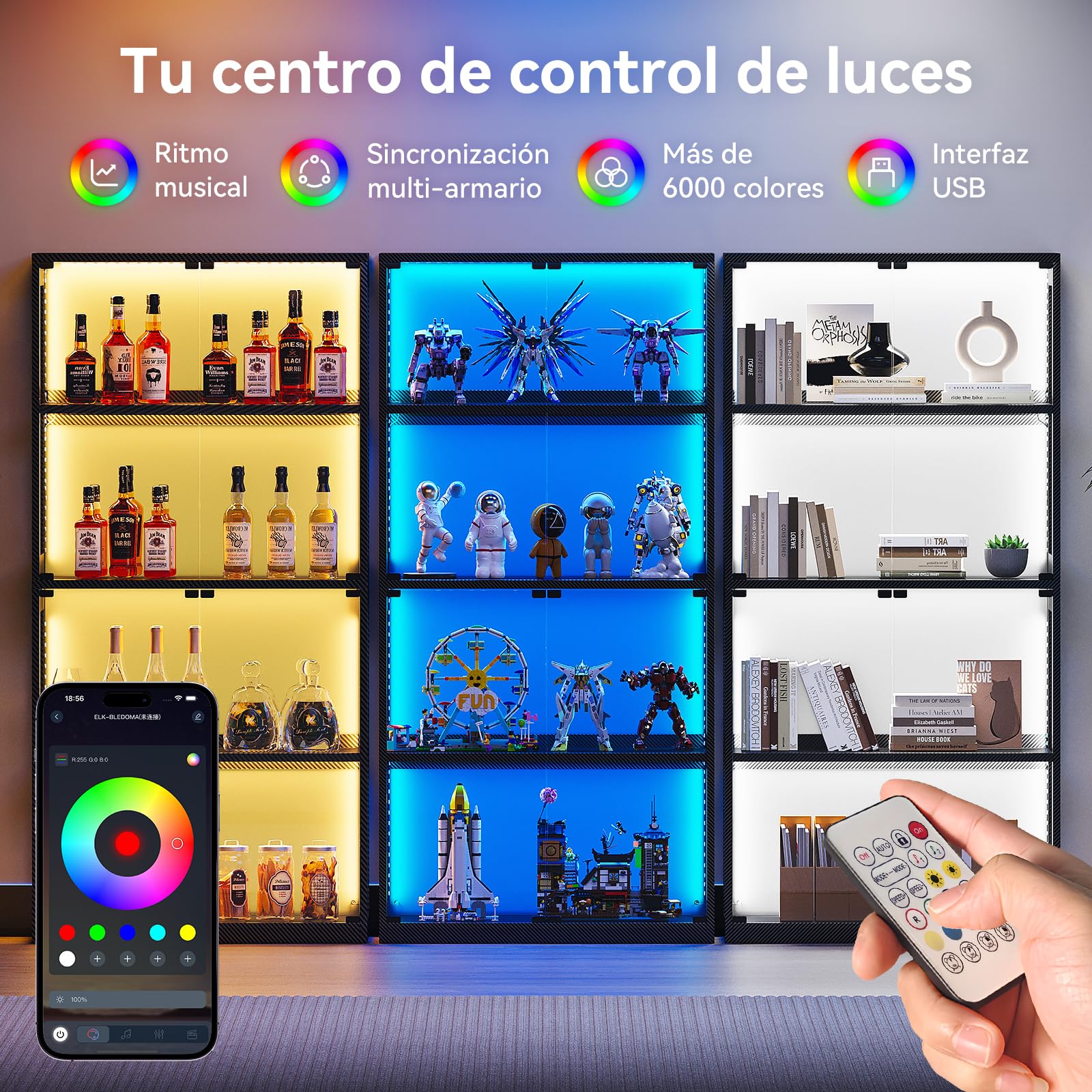 Coleshome Vitrina Cristal LED 4 Estantes, Expositor Puertas, 160cm, Negro | Montaje Fácil Acrílico 360° Anticaída Mando Fibra Carbono Cerrado Salón Oficina Gaming
