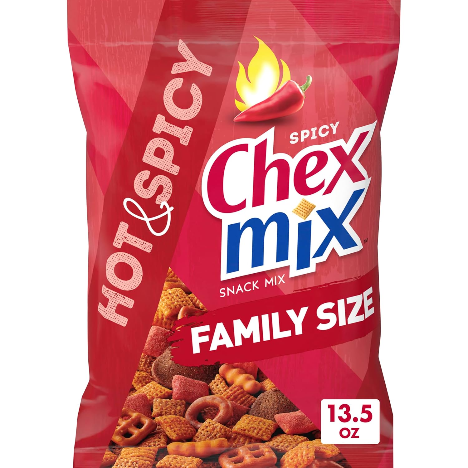Chex Mix Hot & Spicy Savory Snack Mix, Family Size 13.5 oz Bag - Fiery Crunchy Party Snack with Cayenne Heat