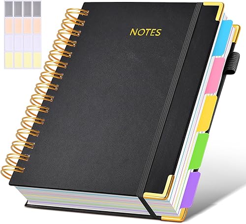 Hardcover Spiral Notebook journal with Removable Dividers Tabs, 300 Pages Leather 5 Subject Notebook College Ruled, 100GMS A5 Notebooks for Work