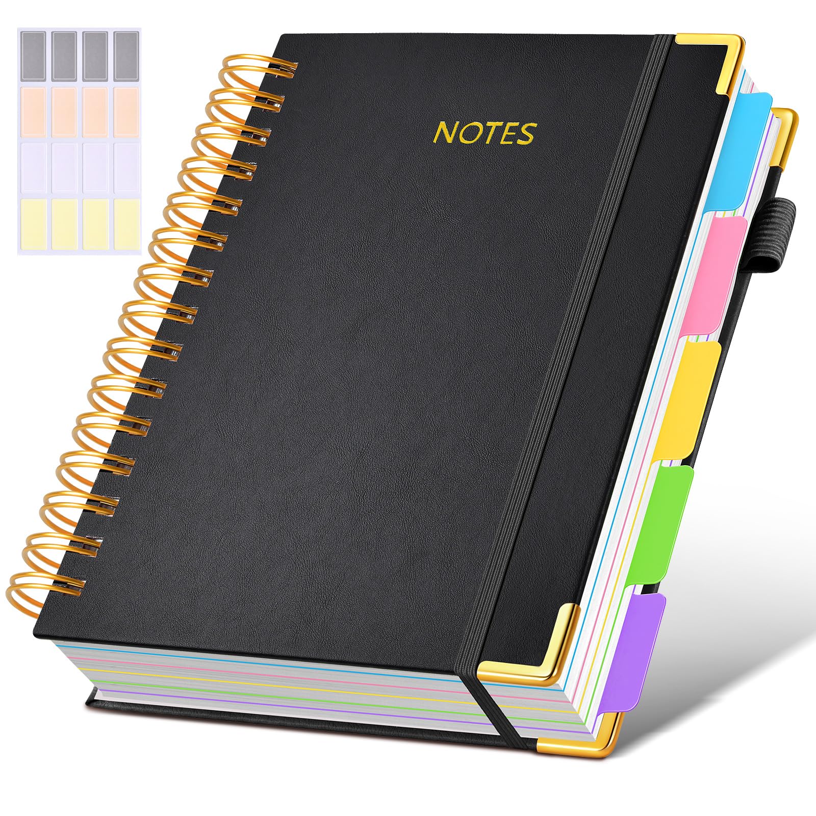 Hardcover Spiral Notebook journal with Removable Dividers Tabs, 300 Pages Leather 5 Subject Notebook College Ruled, 100GMS A5 Notebooks for Work School Note taking,Lined Journal for Women,A5-Black