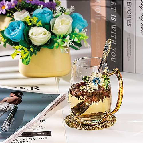 Vista 60 de Taza de té de flores, taza de café de cristal transparente con cuchara, caja de regalo para su madre, esposa, abuela, niñas, amigos, San Valentín