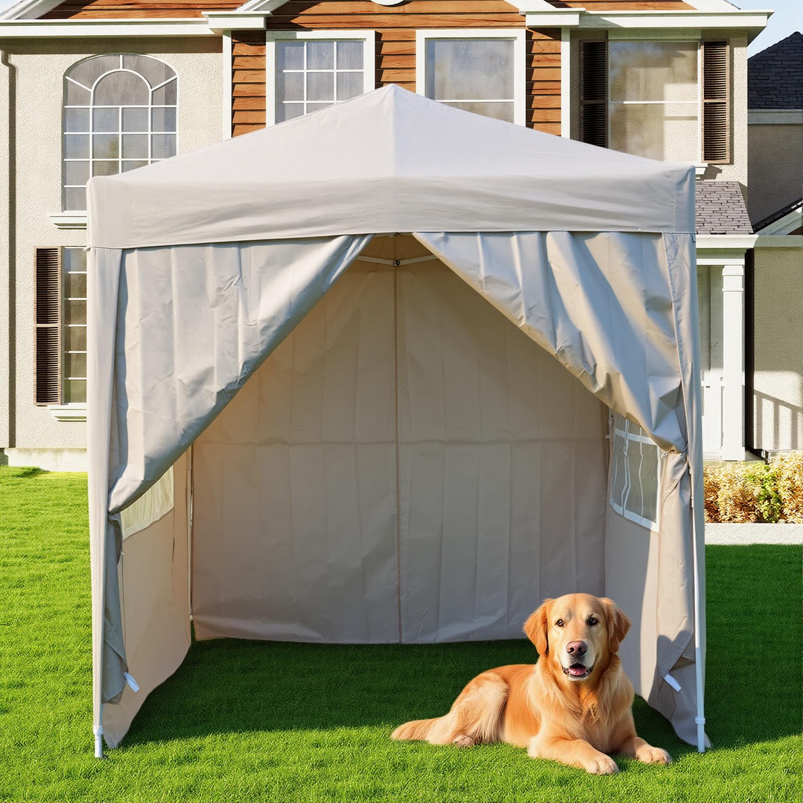 Pop Up Gazebo With Four Sides, 2x2m, 2.5x2.5m, 3x3m, Metal Frame Outdoor Party Shelter Tent, With Windows, Carry Bag (Beige, 2mx2m)