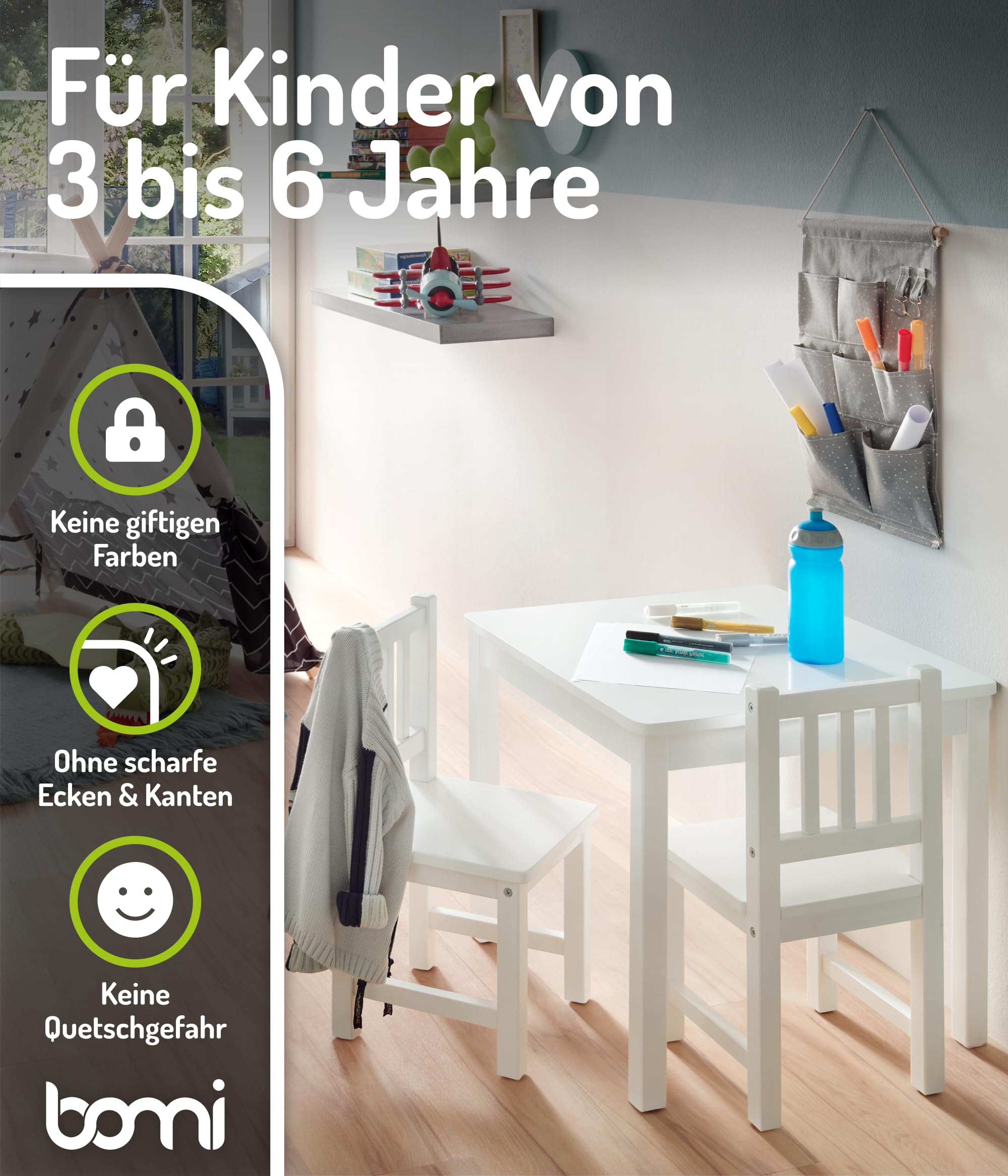 Bomi Spielsitzgruppe 4 Stühlchen Baby mit Tisch | Amy aus FSC nachhaltigem Kiefer Massiv Holz | Kinder Möbel Mädchen und Jungen | Sitzgruppe in Weiss