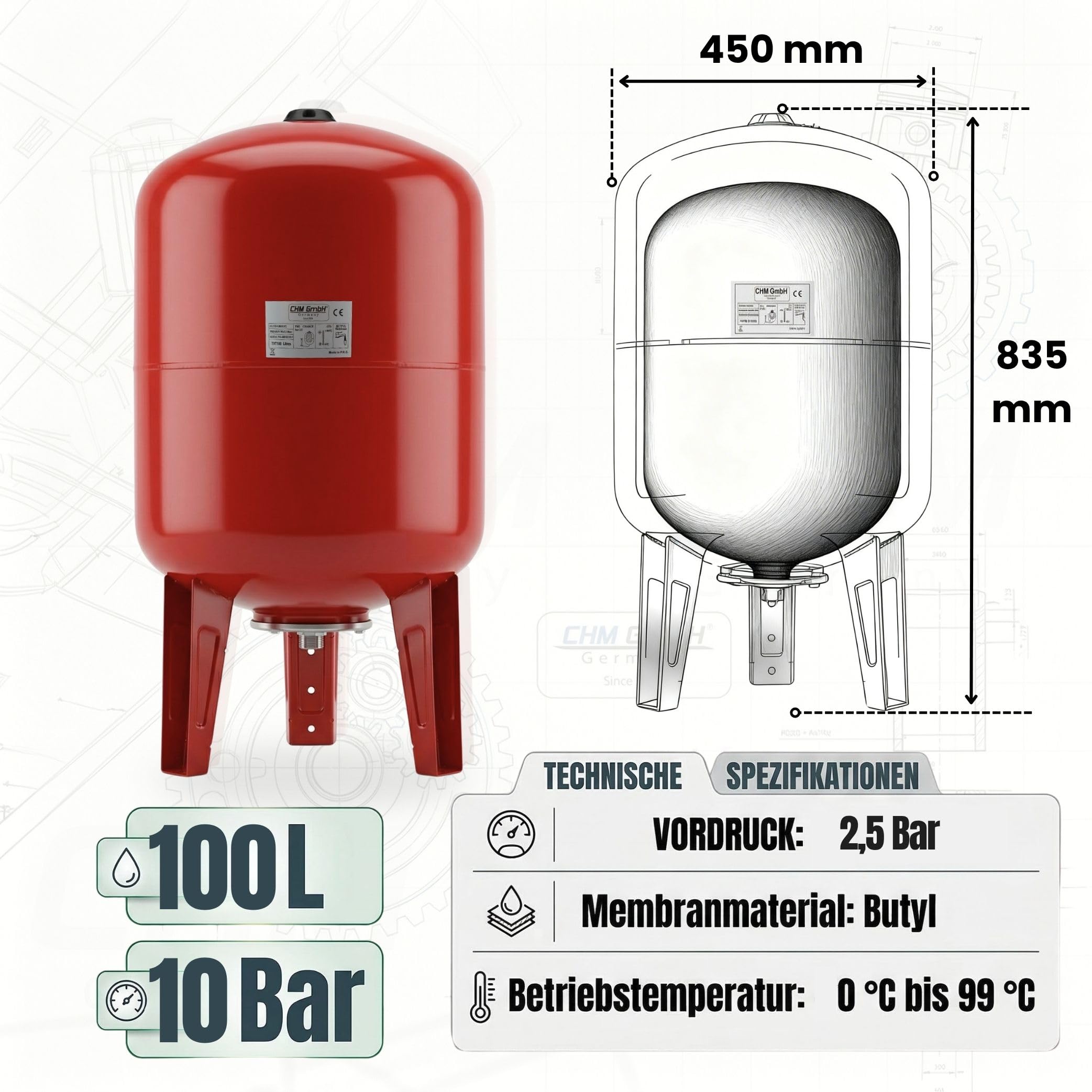 100 L Membrankessel vertikal, Stahltank, Druckkessel max.10 Bar Ausdehungsgefäß