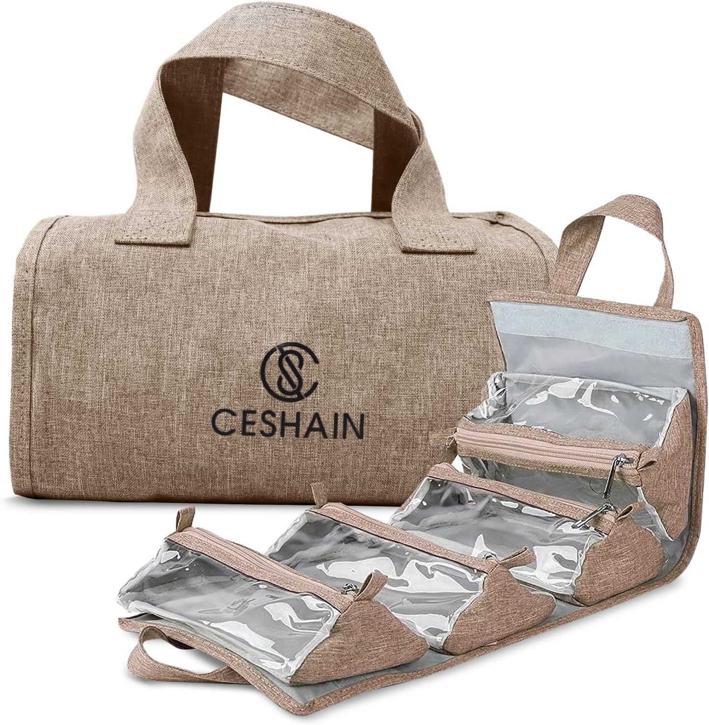 4-in-1 Hanging Toiletry bag – Roll-Up Makeup Bag – 4 Detachable PVC Zip Pouches – 600D Oxford Fabric, Versatile Travel Toiletry Organizer Bag – Makeup, Cosmetics, First Aid, Medicine Personal Care,