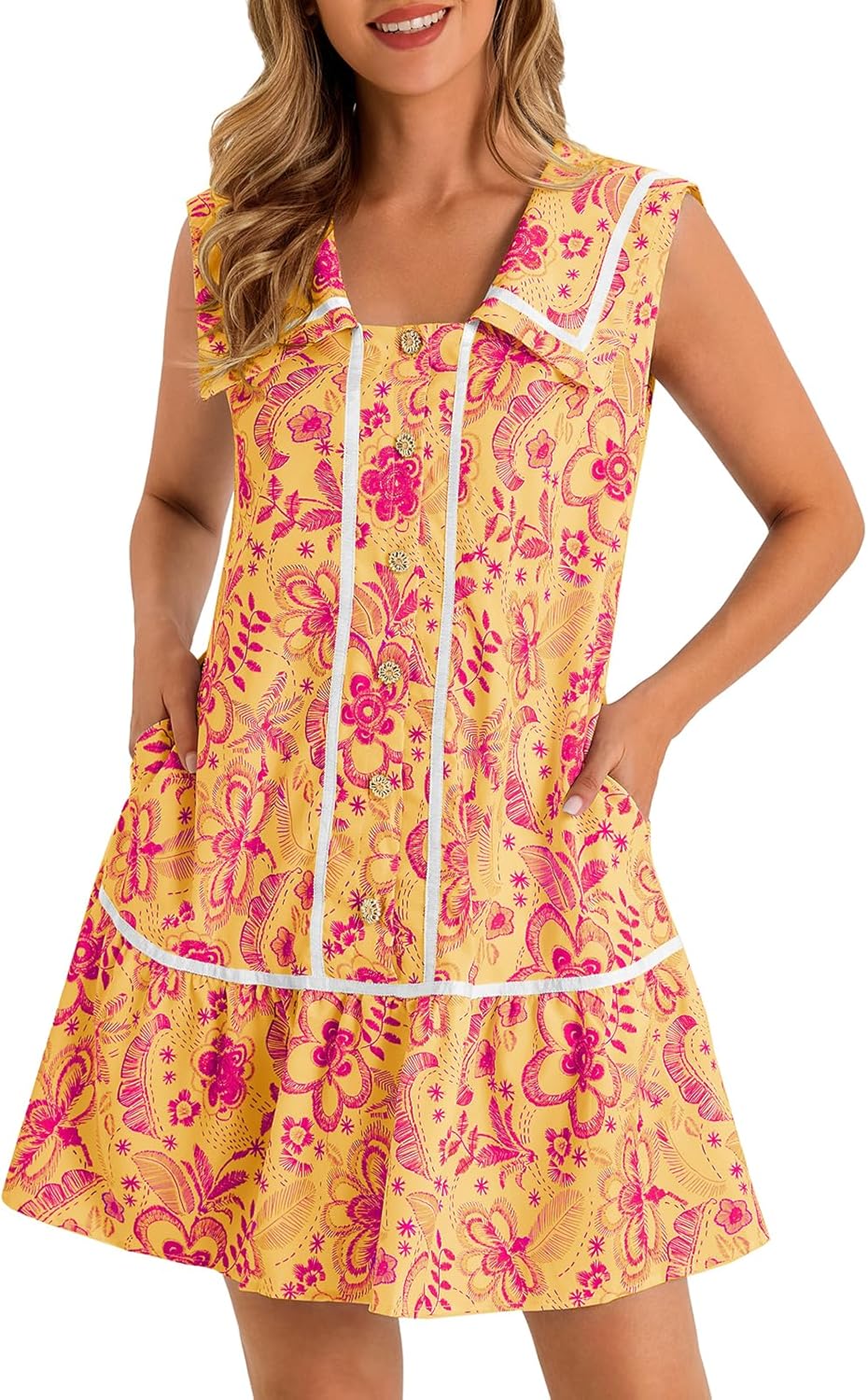 Wenrine Womens Mini Shirt Dress Casual Floral Sleeveless Collared Button Down Summer Dresses